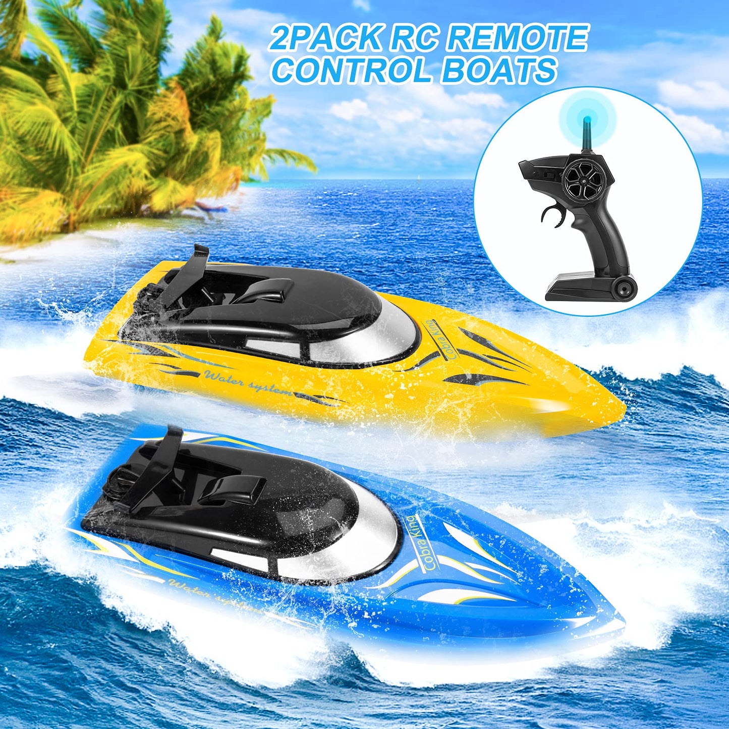 Lumiparty 2PACK RC Boat,Remote Control Boats for Kids and Adults,10km/H 2.4G High Speed Remote Control Boat,Fast RC Boats for Pools and Lakes with 4 Rechargeable Battery.(Blue+Yellow)