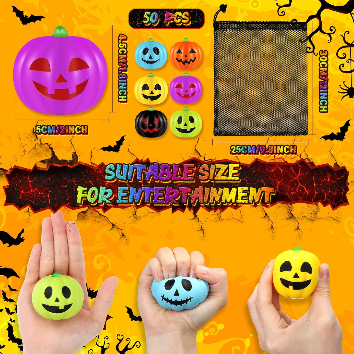 Libima 50 Pcs Halloween Pumpkin Stress Balls Bulk Colorful Stress Relief Ball Mini Foam Squeeze Ball Party Favors Toy with Storage Bag for Halloween Party Bag Filler School Carnival Reward