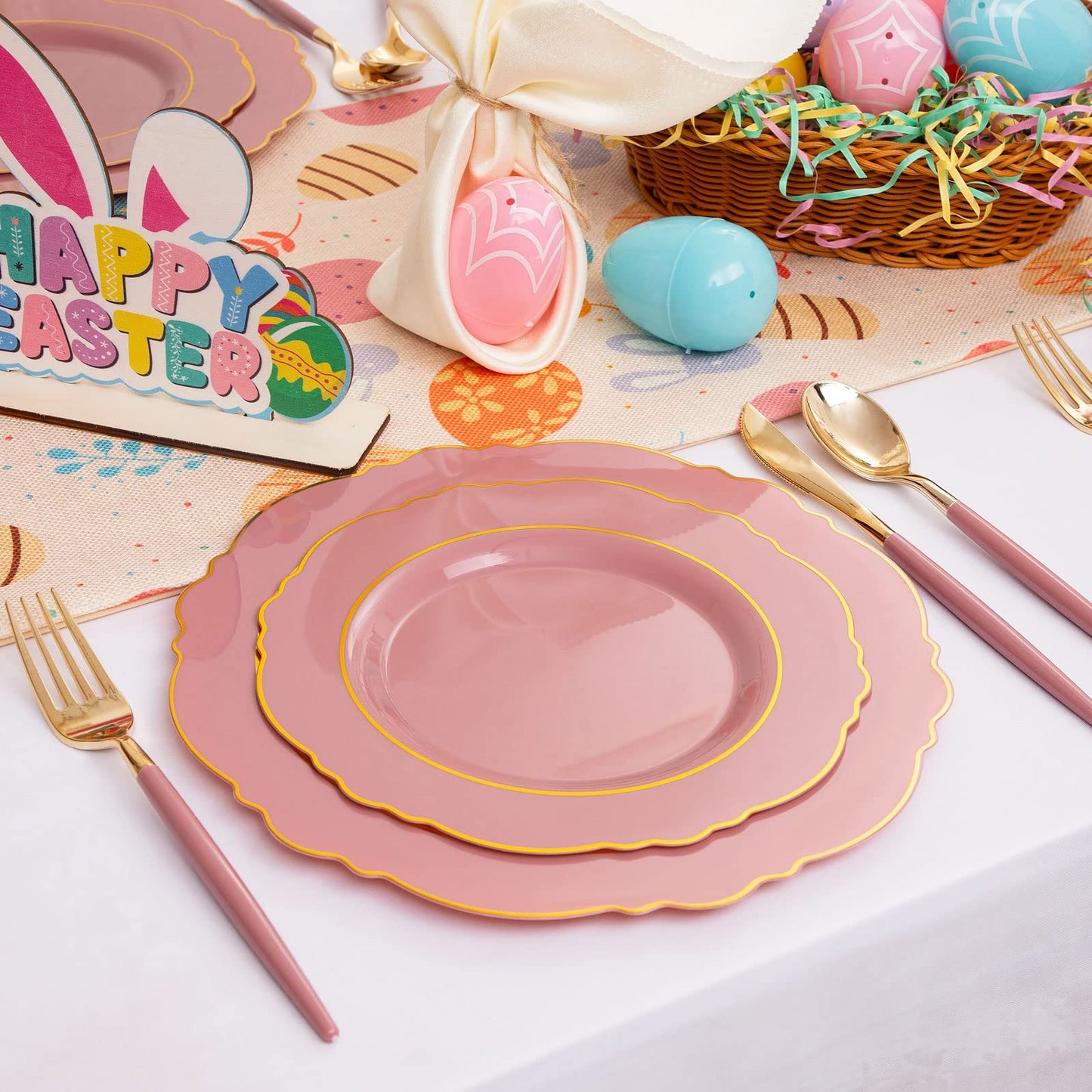 Nervure Purple Plastic Plates 100 Packed- Mauve and Gold Disposable Plates & Gold Plastic Silverware with Purple Handle For Wedding&Coming Spring Parties - Served for 20Guests
