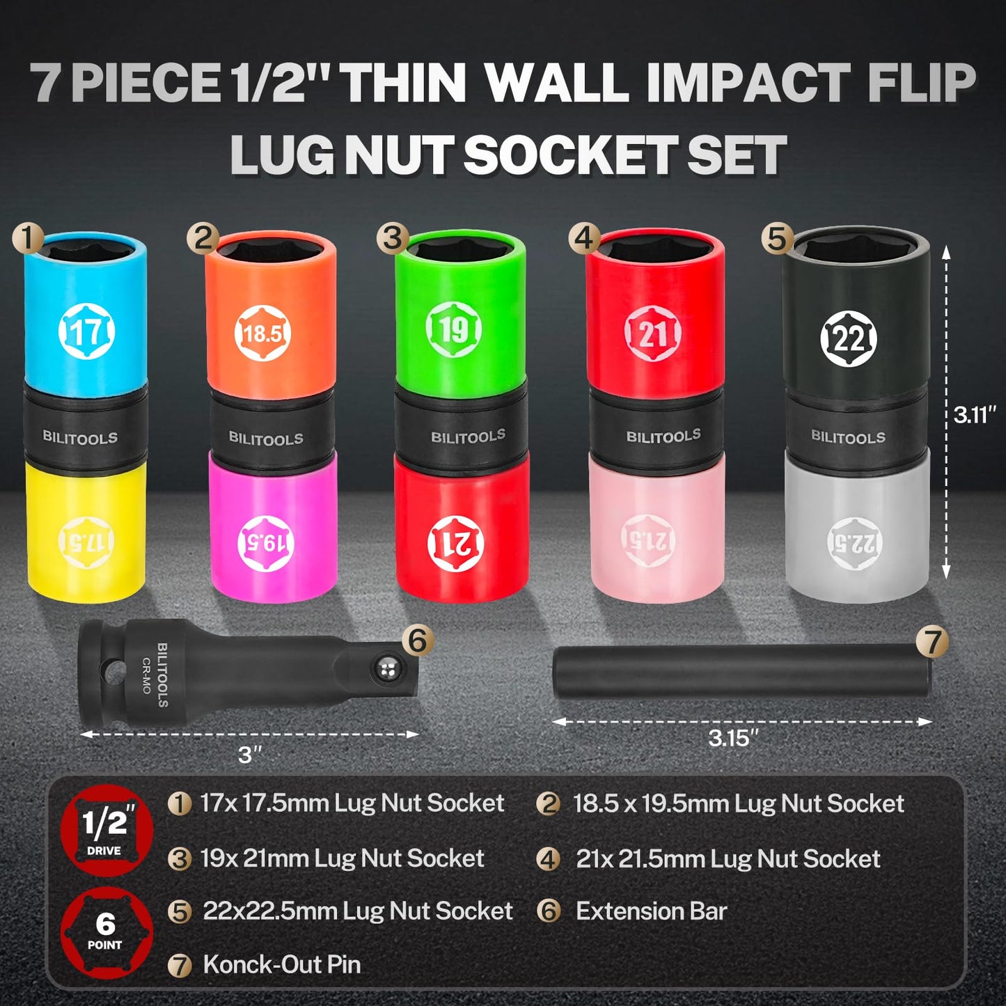 BILITOOLS Half Sizes Lug Nut Socket Set, 1/2" Thin Wall Impact Flip Sockets for Wheel lug Nuts with Non-Marring Sleeves, 17/17.5, 18.5/19.5, 19/21, 21/21.5, 22/22.5mm, Knockout Bar & Extension