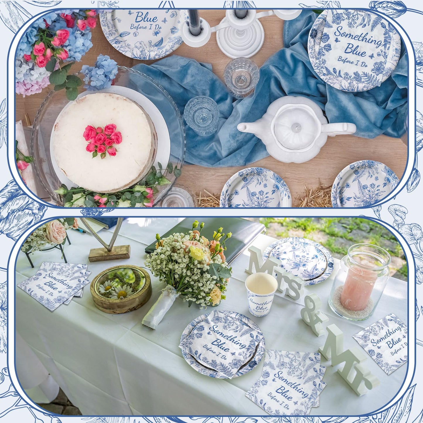 Zhehao 250 Pcs Something Blue Bridal Shower Plates Napkins Sets 50 Pcs 9'' Dinner Plates and 7'' Dessert Plate and 9oz Cups 100 Napkins Serves 50 Party Supplies Bridal Shower Engagement Decoration