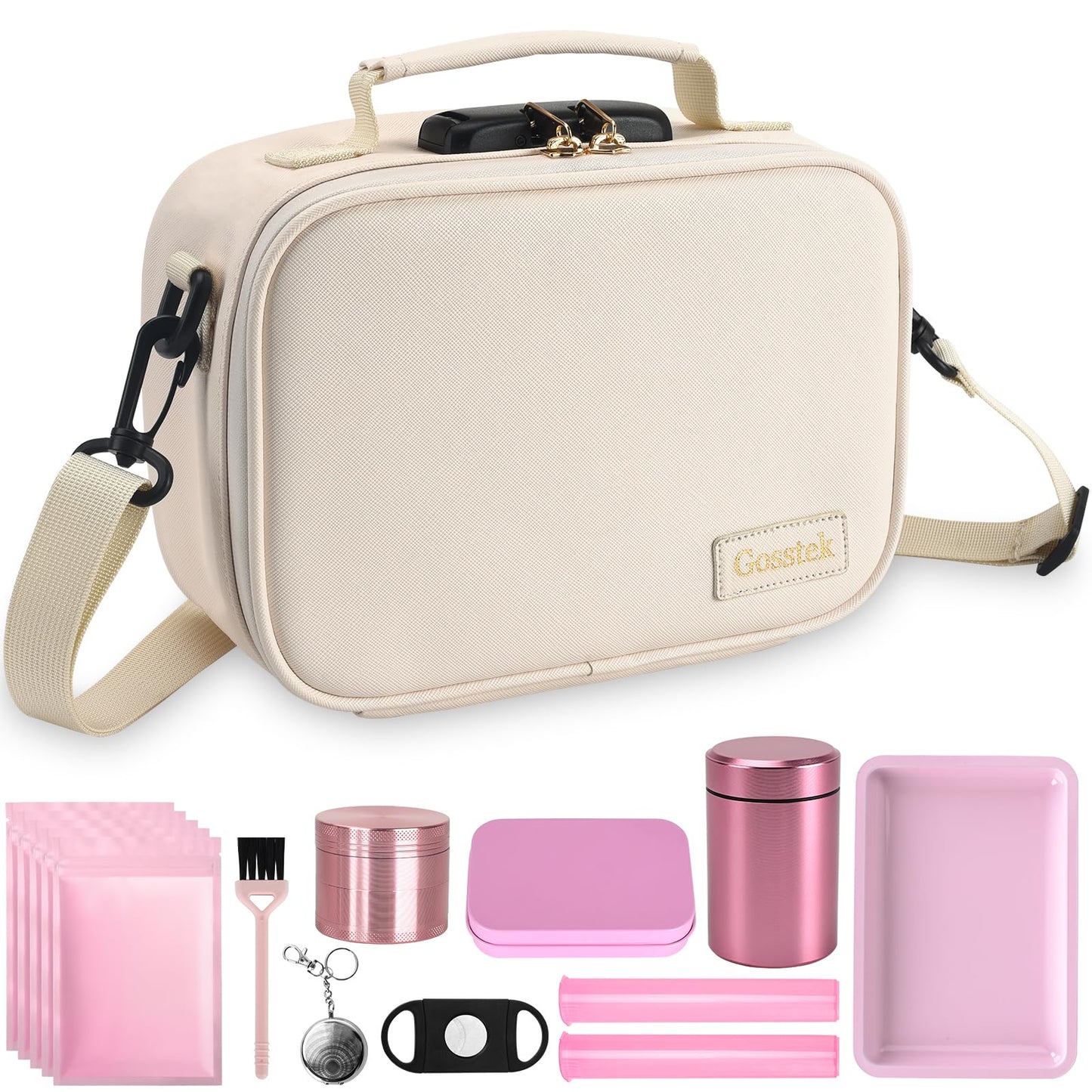 Gosstek PU Leather Storage Bag with 10 PCS Accessories, Portable Cosmetic Box Case with Lock and Great Gift for Women, Childproof Organization Container Box 9 X 6 X 4 Inches (Beige)