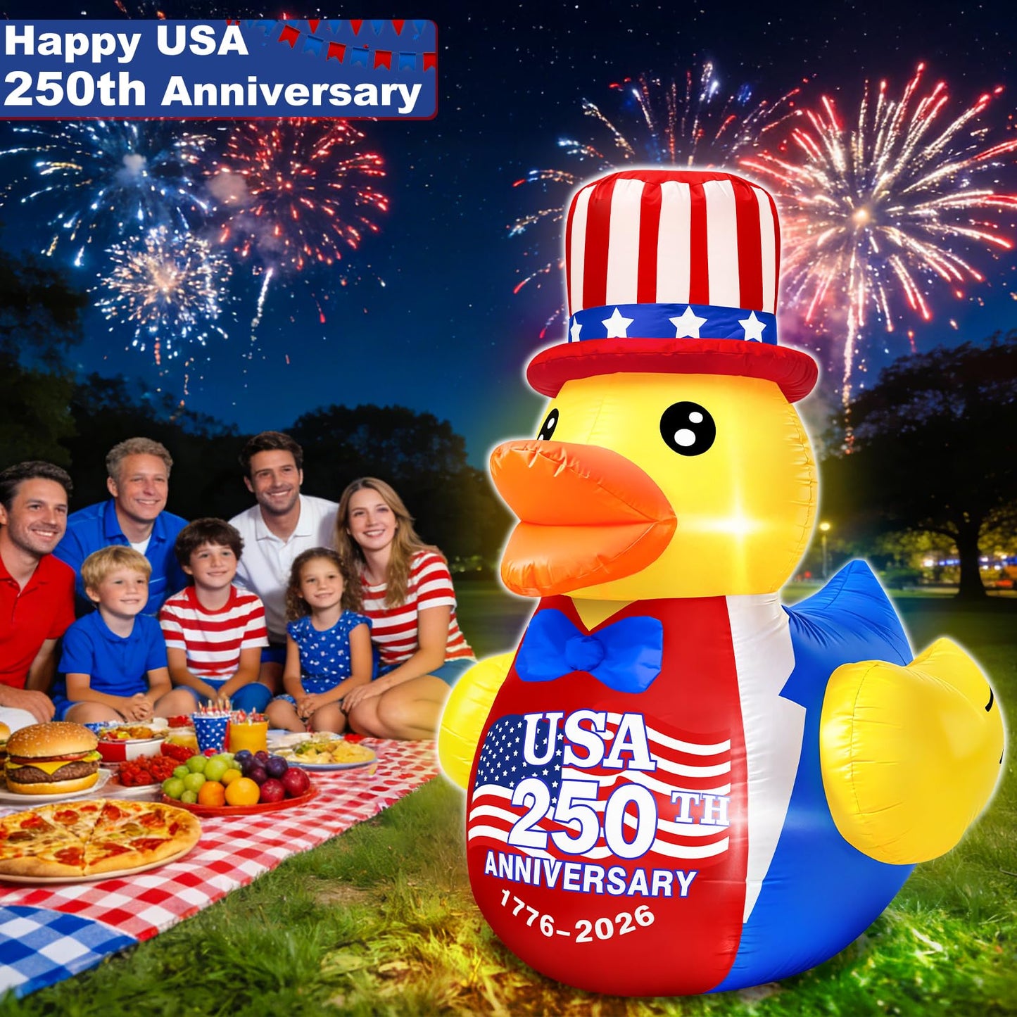 4FT 4th of July Inflatables Outdoor Decorations, Patriotic Blow Up Inflatable Duck with Amarican Flag Hat Built-in LEDs for USA 250th Anniversary Fourth of July Independence Day Yard Garden Lawn Decor