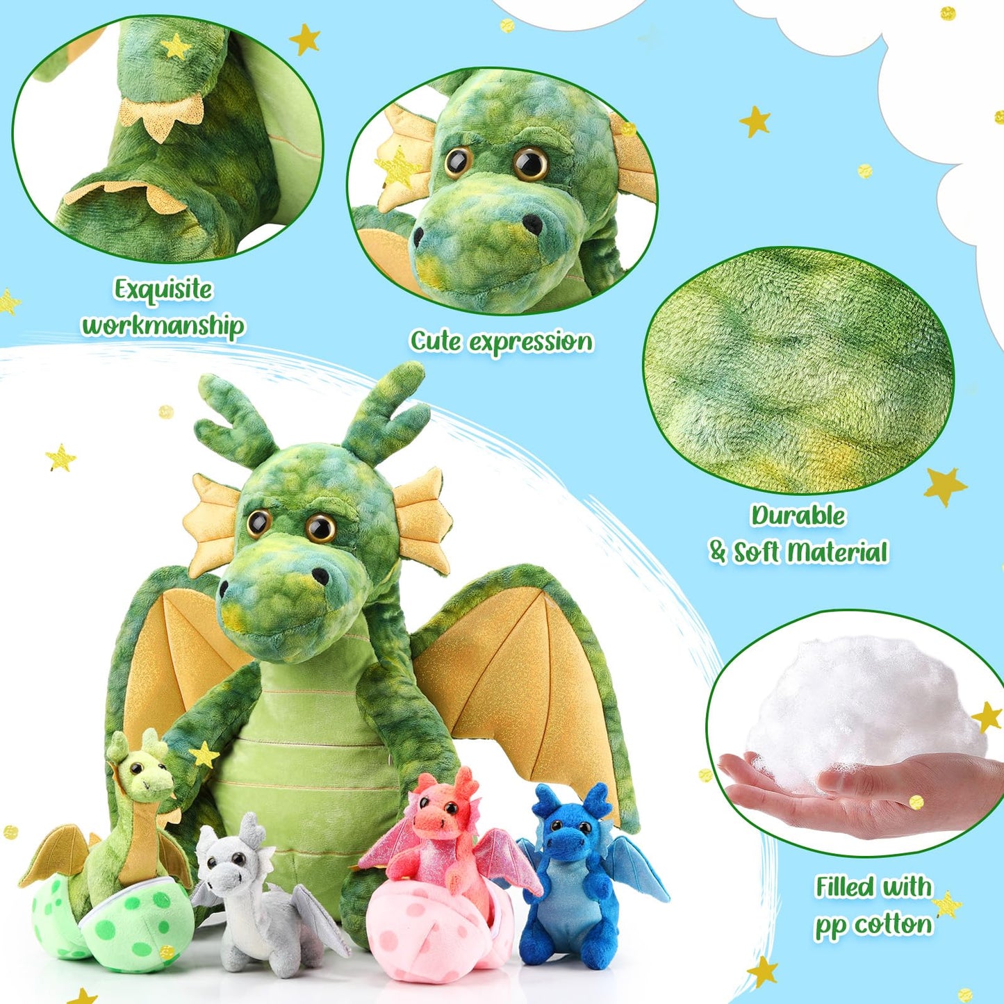 Arrowbash 7 Pcs Dragon Plush Toys Gift Set 15.75" Large Dragon Mom Stuffed Animal with 4 Cute Babies and 2 Eggs in Mommy's Belly for Kids Birthday Christmas Classroom Prizes(Green)