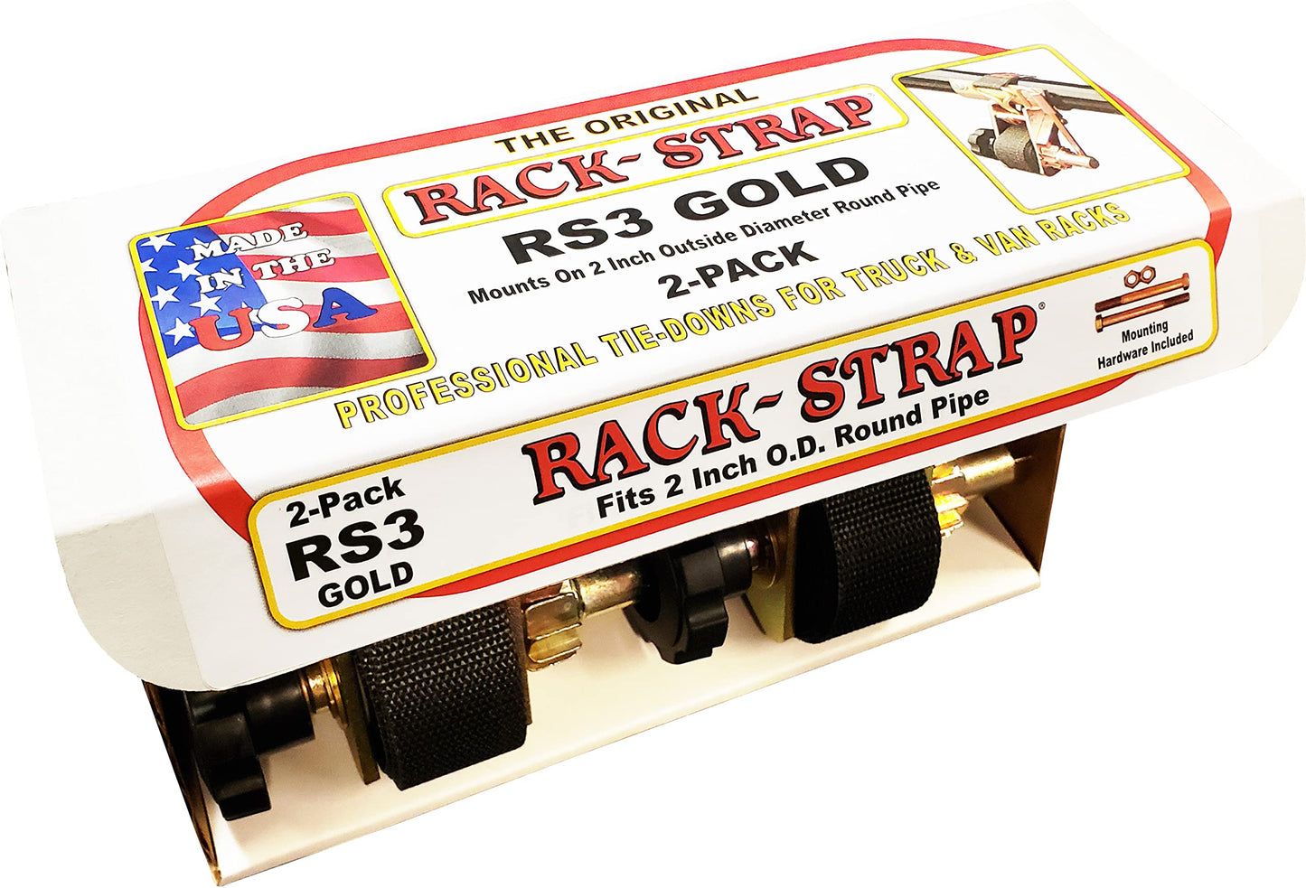 2 Pack, Rack-Strap, The Original American Made Ladder Rack Tie-Downs, Round Mounting Bracket, RS3 Gold 2 Inch Diameter Round Mounting Bracket, Bolt Mounting Hardware Included, 8 Foot Black Strap