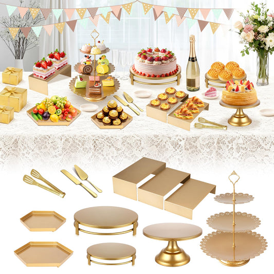 BUQ 12 PCS Gold Cake Stand Set, Dessert Table Display Set with Metal Cupcake Stand and Cake Stands for Party, Wedding, Birthday, Anniversary, Baby Shower, Thanksgiving, Christmas