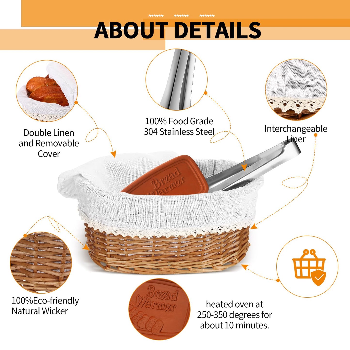 Havawish 3 Pack Wicker Bread Baskets Winter Valentines Gifts Handmade Serving Woven Baskets with Warmer Stones Removable Liner Cover Tongs 3 Sizes for Home Kitchen Housewarming Gifts
