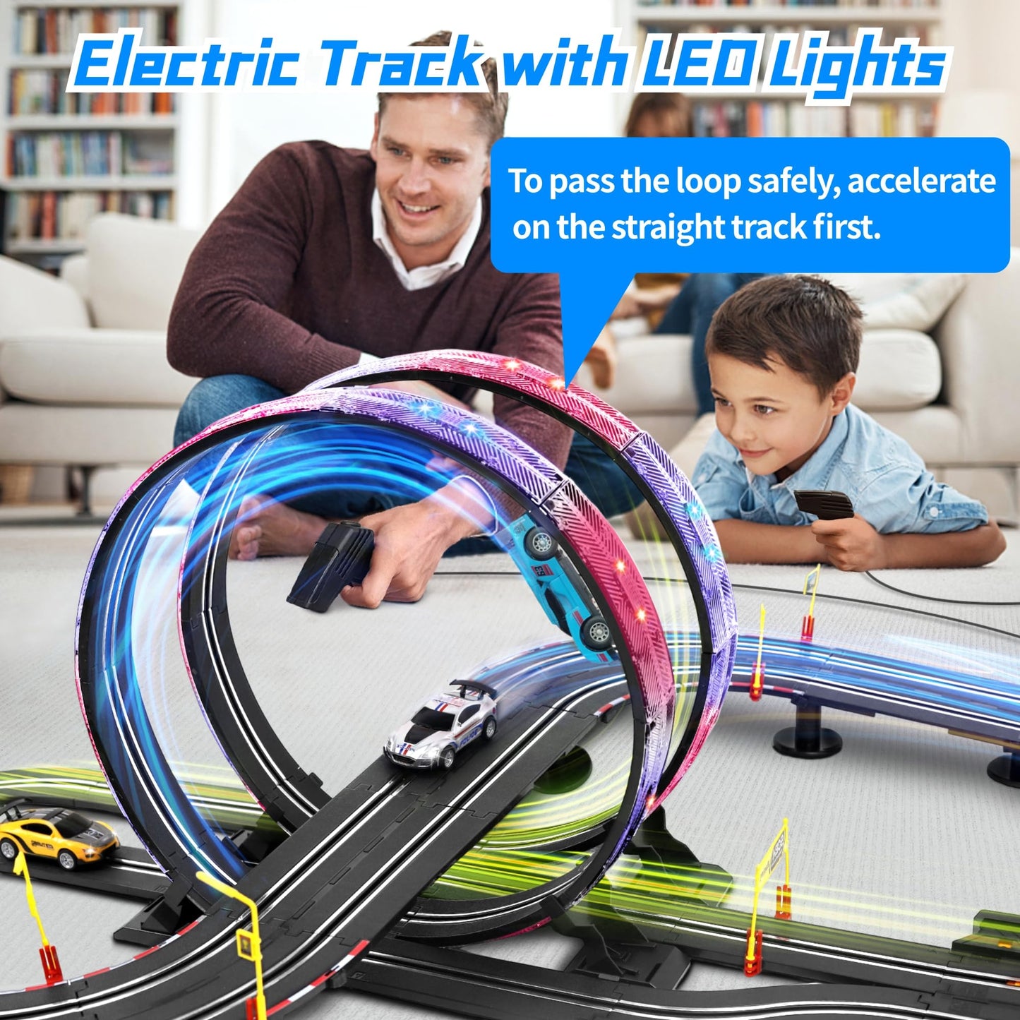 Slot Car Race Track Set, 19ft Electric Track with LED Lights and 4 Slot Cars, 2 Hand Controllers and Racing Game Lap Counters, Set Features Loop, Turns, and Crossover for Boys Age 6-12