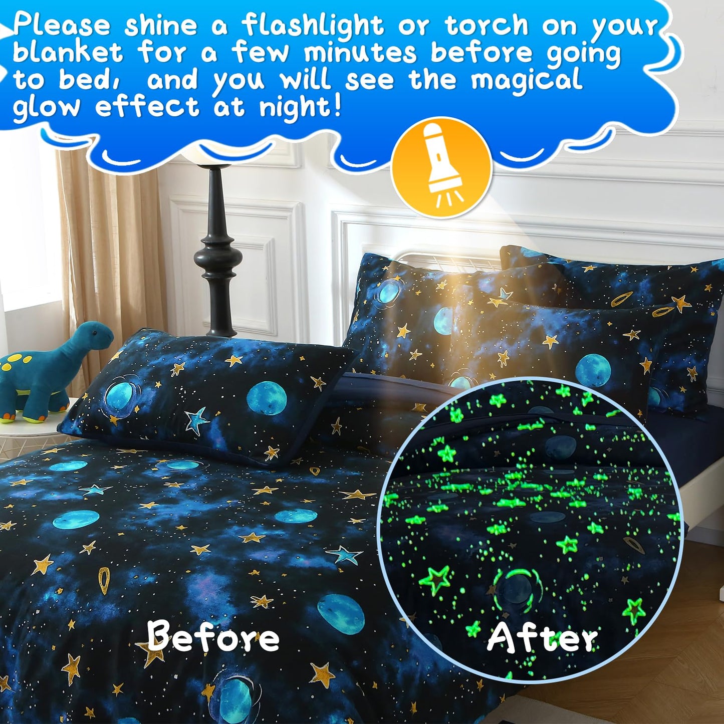 Aqzuxira Glow in The Dark Kids Comforter Set, 5 Pieces Blue Space Bedding Set Twin Size for Boys Girls Teen, 1 Comforter, 1 Pillowcase, 1 Pillow Sham, 1 Flat Sheet, 1 Fitted Sheet
