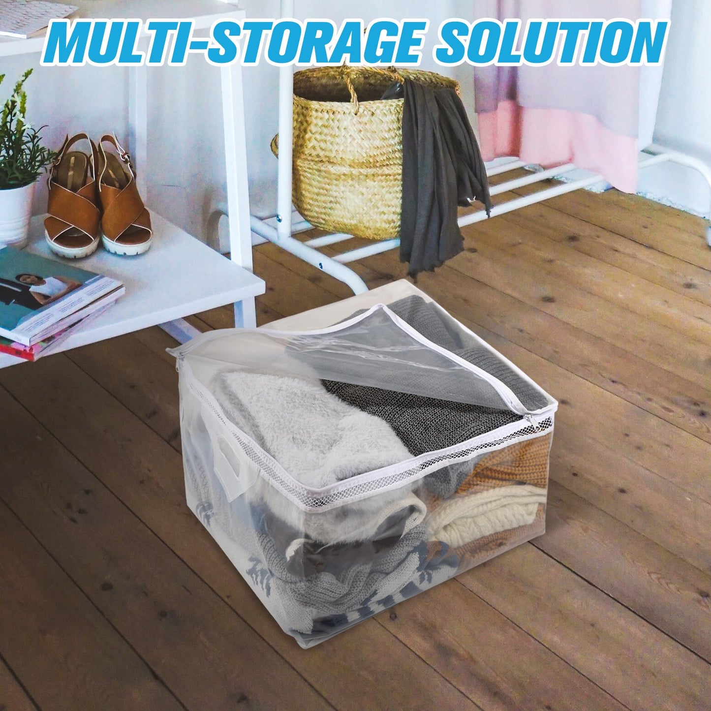 HIBAG 10 Gallon Large Storage Bag for Clothes, Zipper Clothing Storage Bag, Clear Organizer with Reinforced Handles, for Closet and Underbed Storage (4 Pack)