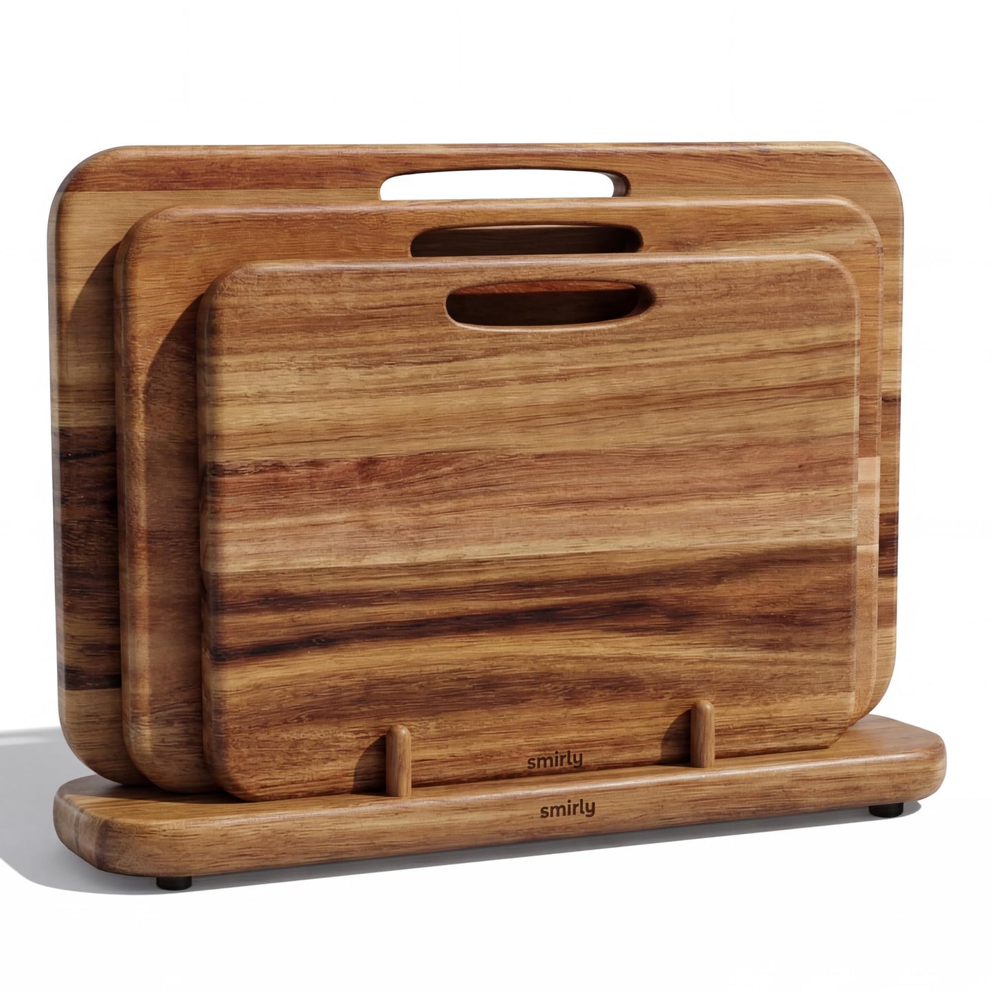 SMIRLY Wooden Cutting Boards for Kitchen, Double-Sided Cutting Board with Handle, Heavy Duty Solid Acacia Wood Cutting Board Set with Stand, 3 Pcs Cutting Boards Non Toxic for Meat Vegetable Fruit
