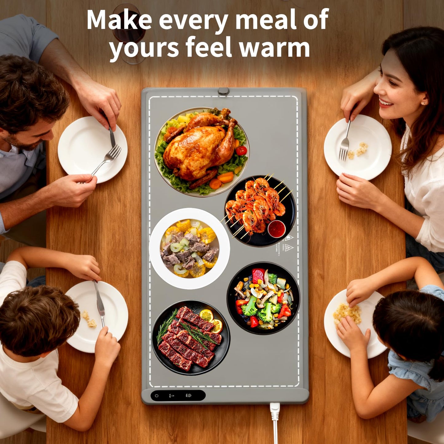 Mangoin Food Warming Mat Extra Large, Electric Warming Tray with 6 Temperature Settings and Hours Timer, Full Surface Heating Food Warmer Mat, Silicone Heating Tray for Gatherings Parties, Grey