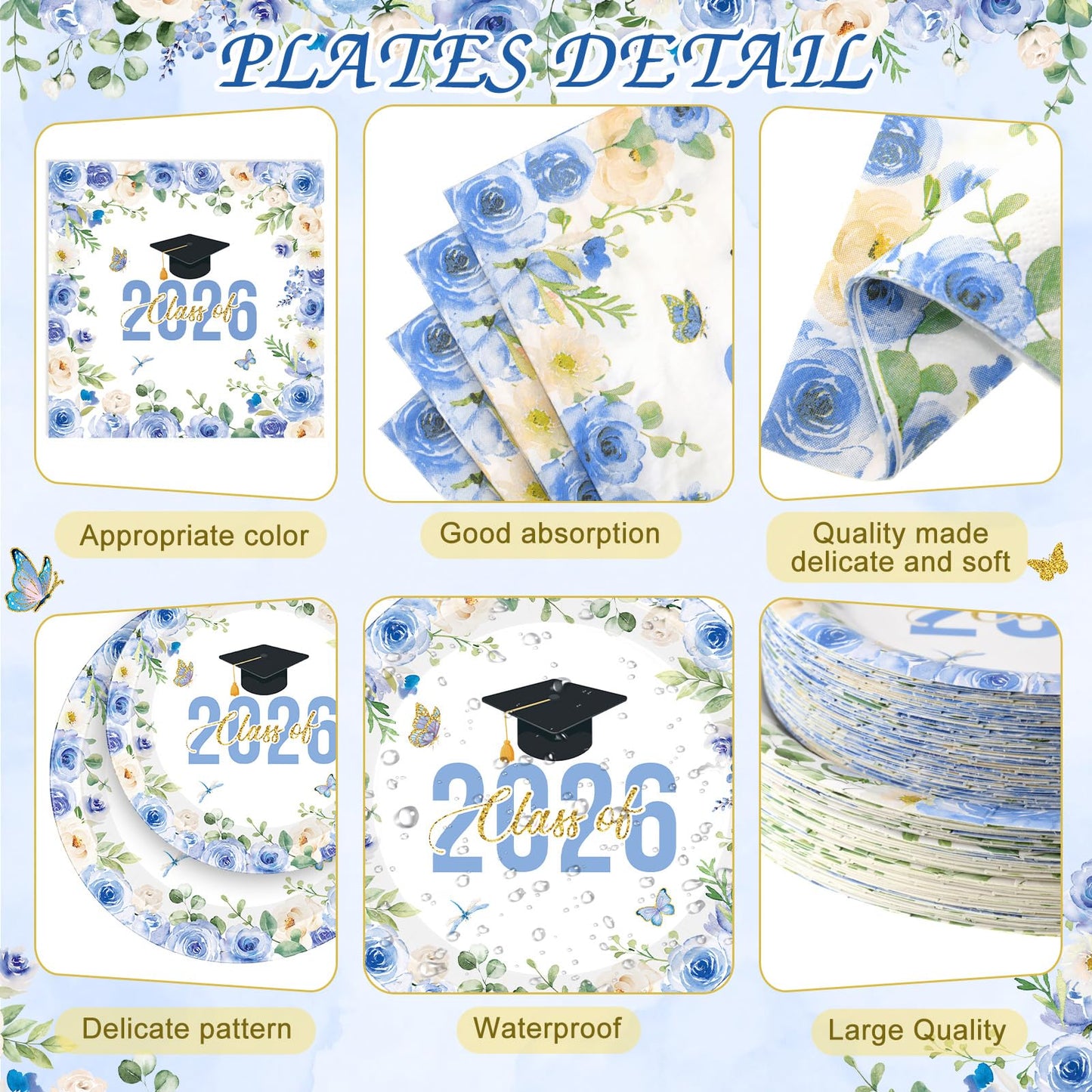 Funnymoom 452 Pcs Light Blue Floral Graduation Decoration for 50 Guests, Class of 2026 Blue Gold Graduation Paper Plates Napkins Cups Tablecloth Cutlery Straws for 2026 Congrats Grad Party Supplies