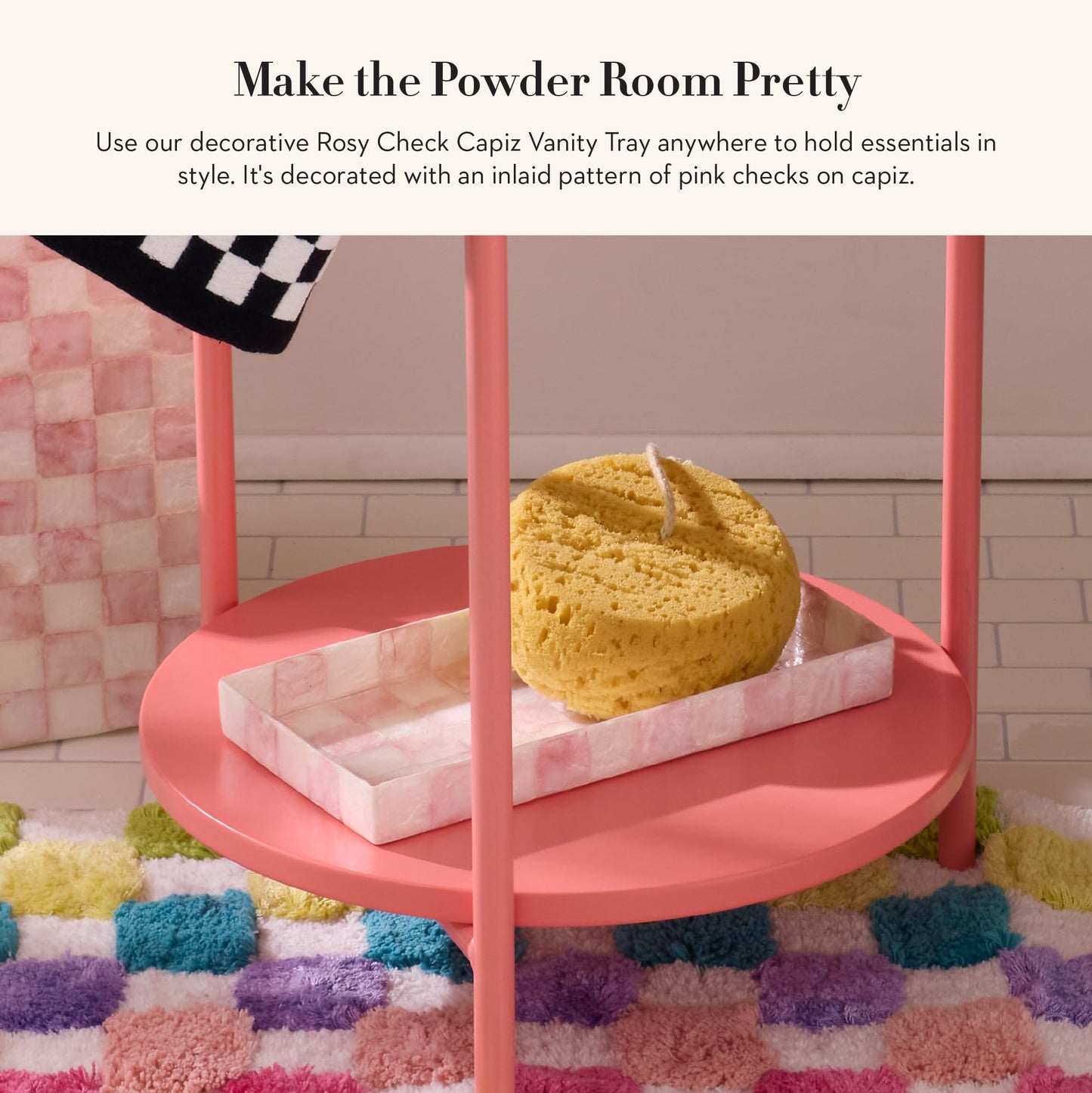 MACKENZIE-CHILDS Capiz Vanity Tray, Rectangular Tray Decor, Pink-and-White Rosy Check