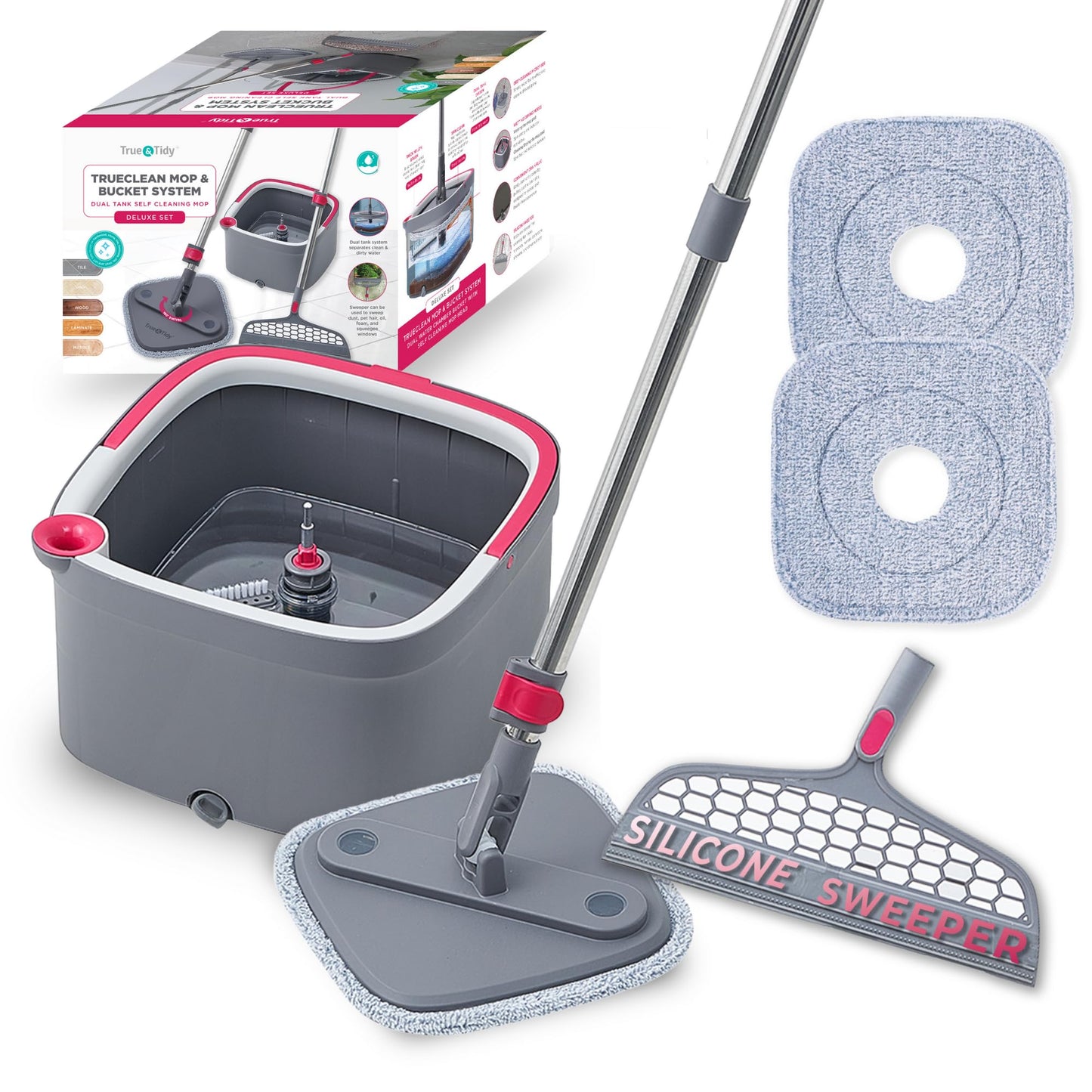 True & Tidy True Clean Spin Mop & Bucket System – Dual Compartment Design for Clean & Dirty Water, 360° Swivel Mop Head, Built-in Scrubbing Brush, Stainless Steel Handle & 2 Reusable Microfiber Pads