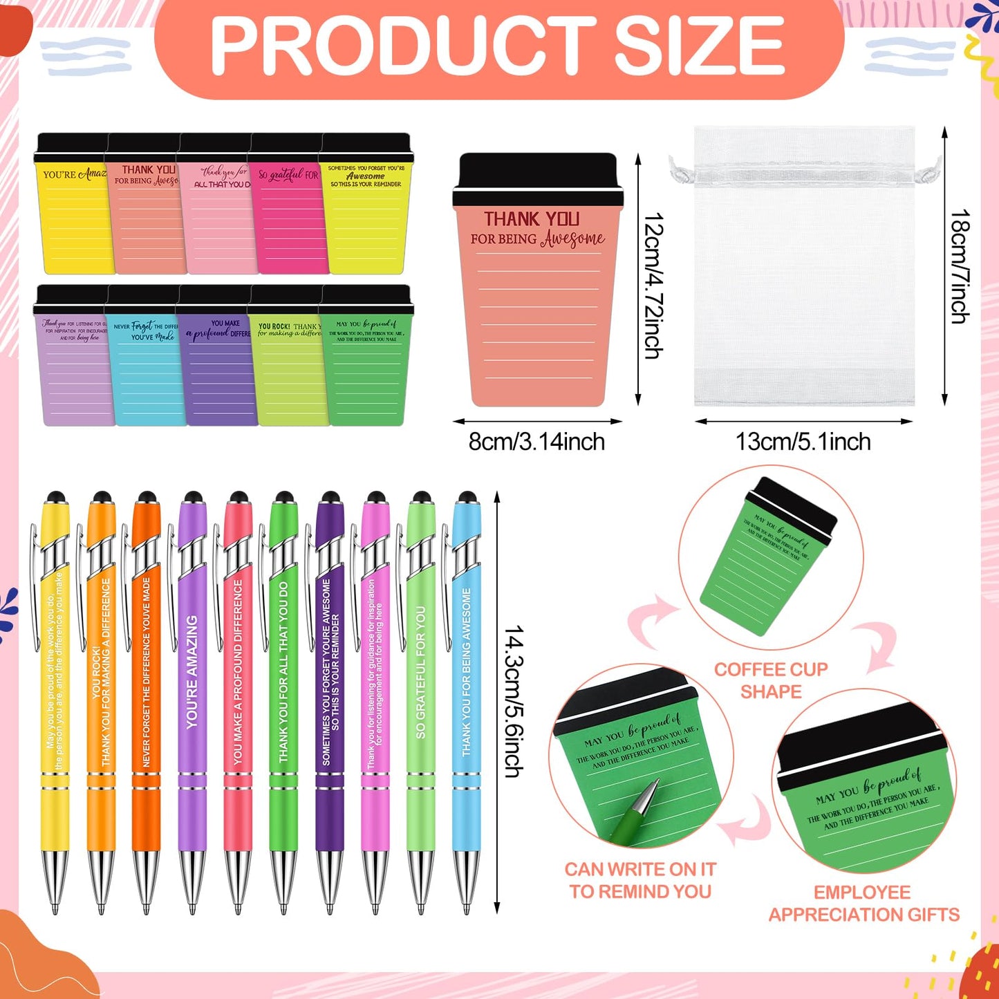 Kosiz 30 Set/90 Pcs Thank You Coffee Cup Notepads Bulk with Ballpoint Pens Bags Inspirational Sticky Notes Teacher Appreciation Week Gifts Thank You Gifts for Staff Employee Team Teacher Nurse