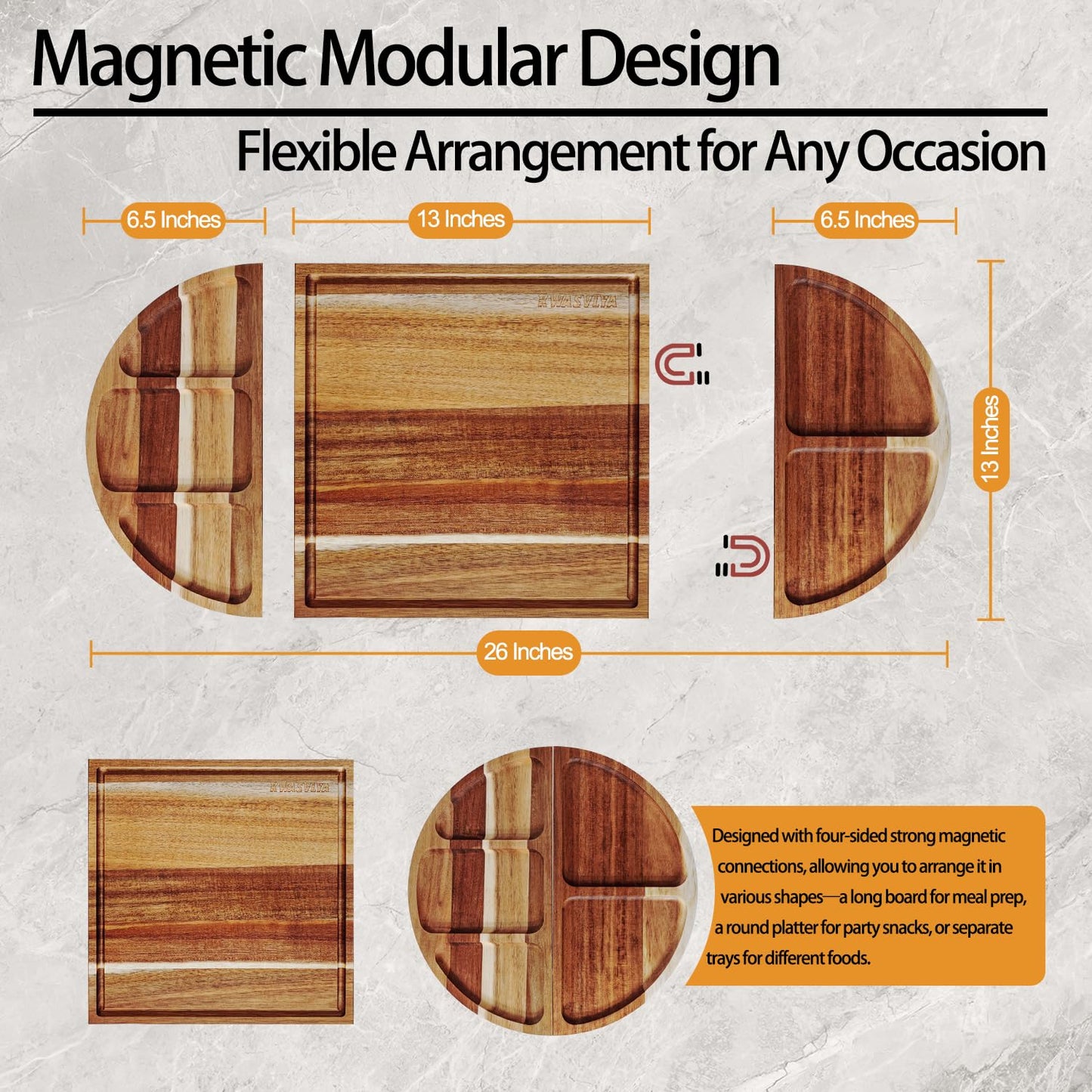 KWASVLYA Magnetic Charcuterie Board Set - Acacia Wood Serving Tray & Cutting Board with Modular Design, Juice Grooves, +4 Cutting Mats & Knives, 26x13 Inch, Gift for Home/Parties