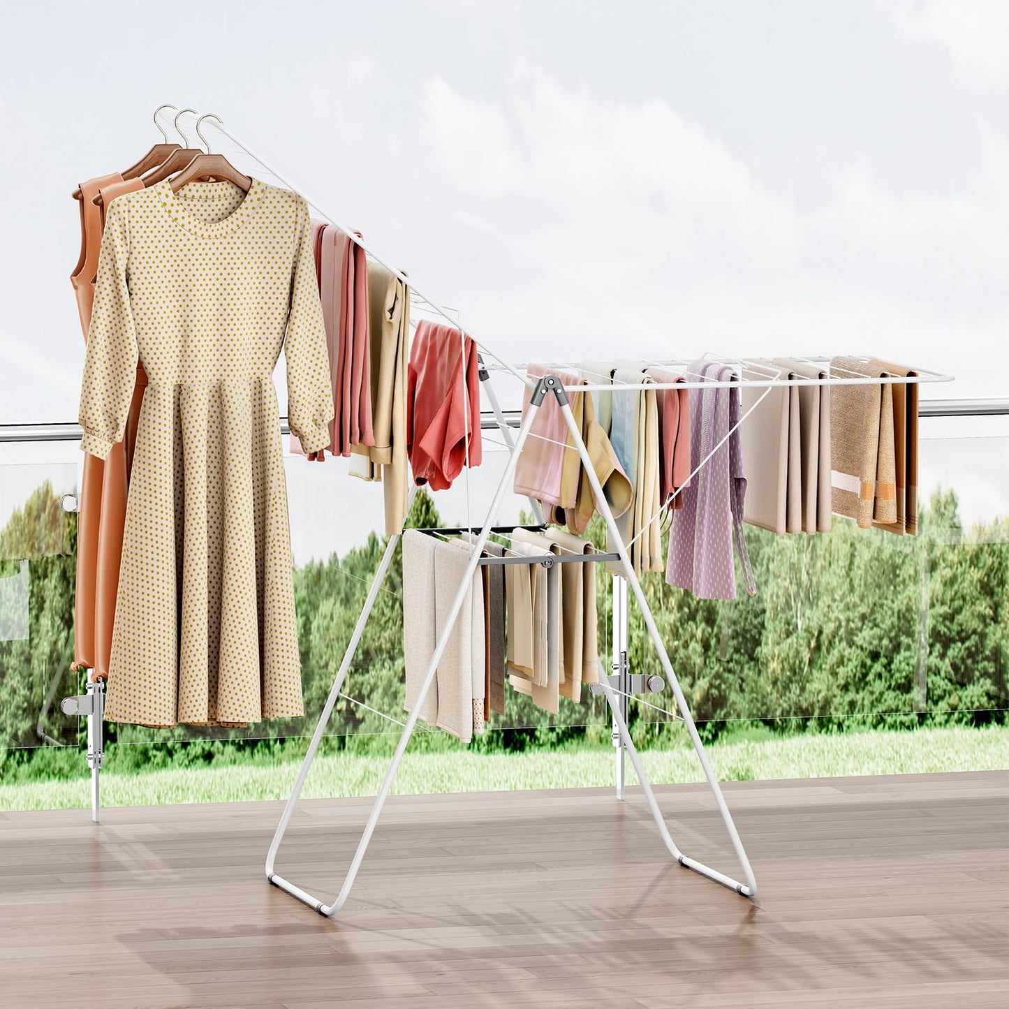 APEXCHASER Clothes Drying Rack, Foldable Oversized Drying Rack Clothing with U-Shaped Foot Cover, Height-Adjustable, Multi-Bar Laundry Rack, Indoor Outdoor Use, 20.47"D x 70"W x 42.52"H, Pearl White