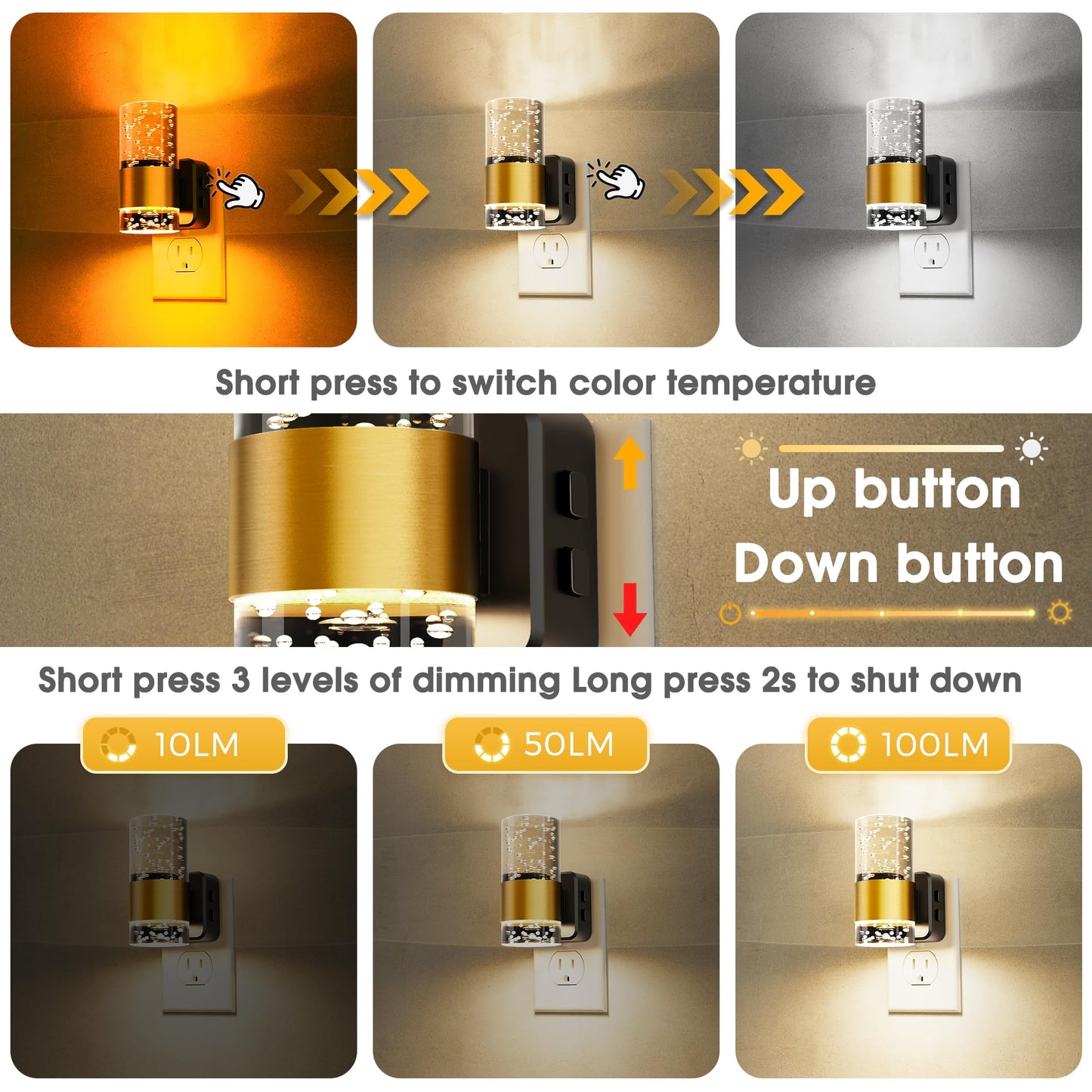 Night Lights Plug into Wall 2 Pack, Dimmable Night Light with Dusk-to-Dawn Light Sensor, Soft White/Cool White/Amber 3 Light Color, Adjustable Brightness, Rotatable plug, Bubble Nightlight for Hallway
