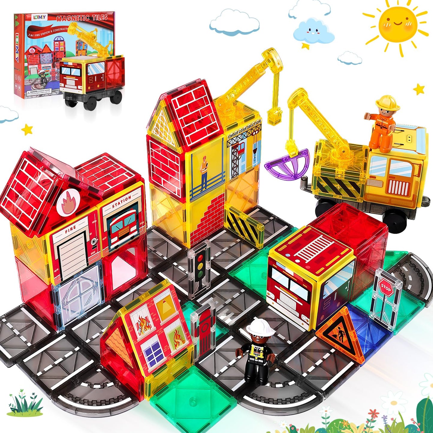 Magnetic Tiles Road Set with 2 Cranes & Double-Sided Magnet Tiles,Boys Toys for Ages 3-5 5-7 8-12,STEM Magnetic Building Construction Toys Include Car,Stations,Dolls,Roads,Signs,Gifts for 3+ Kids