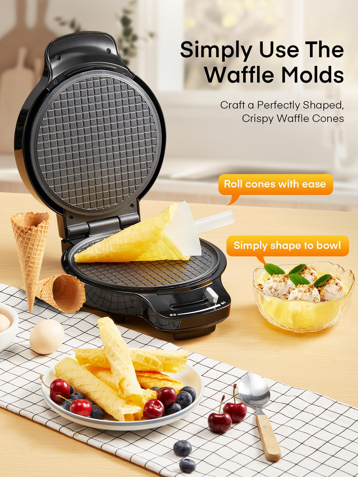 FOHERE Waffle Cone Maker Machine and Ice Cream Bowl Maker with Browning Control, Double Side Nonstick Waffle Bowl Maker with Cone Roller, 7.5” Thin Waffle Maker for Home Kitchen