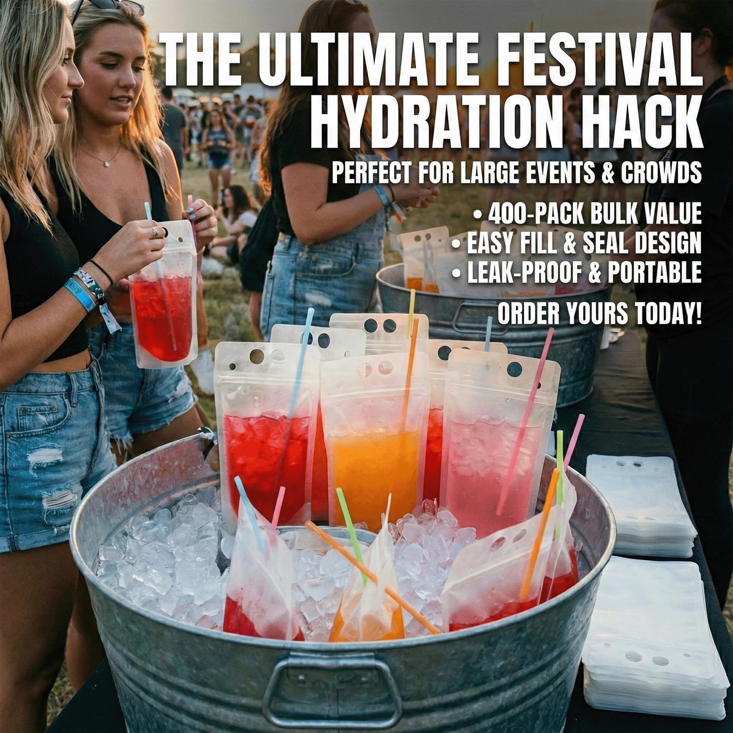 C CRYSTAL LEMON 400PCS Drink Pouches with 400 Straws – Reusable Juice and Smoothie Bags with Zipper Seal – BPA-Free Stand-Up Plastic Pouches for Party, Travel, Camping & Bulk Drinks