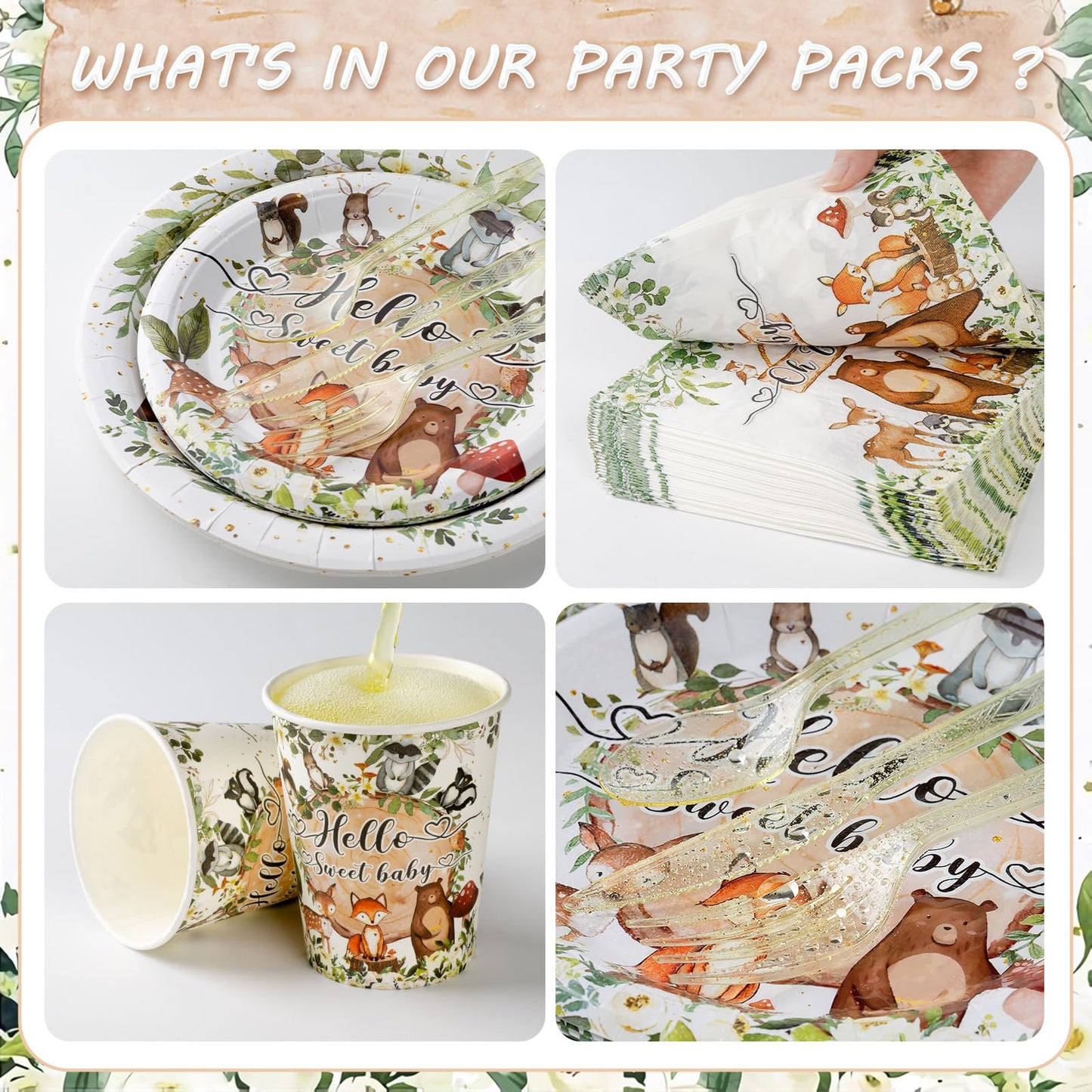 350 Pieces Woodland Baby Shower Decorations Set Serves 50 Guests, Forest Theme Party Supplies Tableware with Plates, Cups, Napkins, Disposable Tableware
