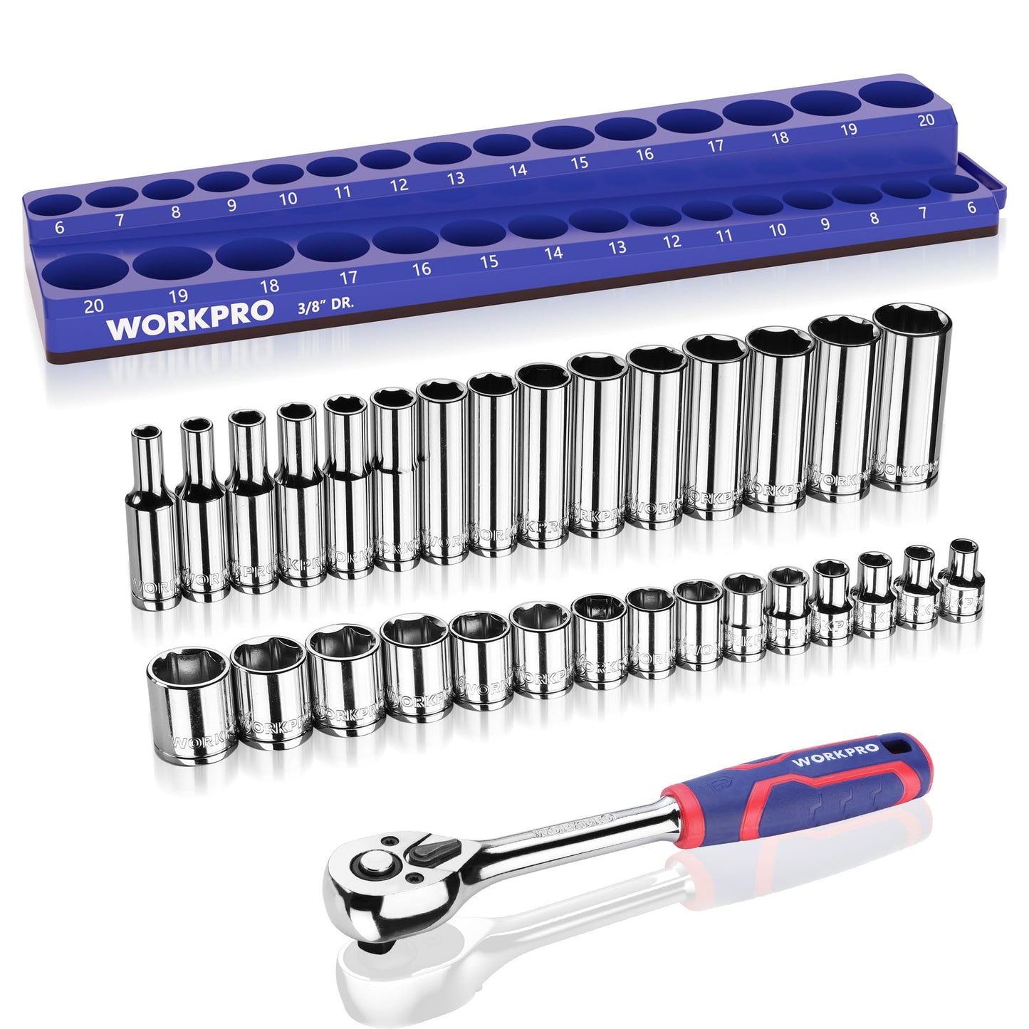WORKPRO 32-Piece 3/8-inch Drive Metric Sockets and Ratchet-Including 30 Metric Deep and Shallow Sockets, 6-20mm with Magnetic Organizer and 72-Tooth Quick Release Reversible Ratchet for Auto Repair