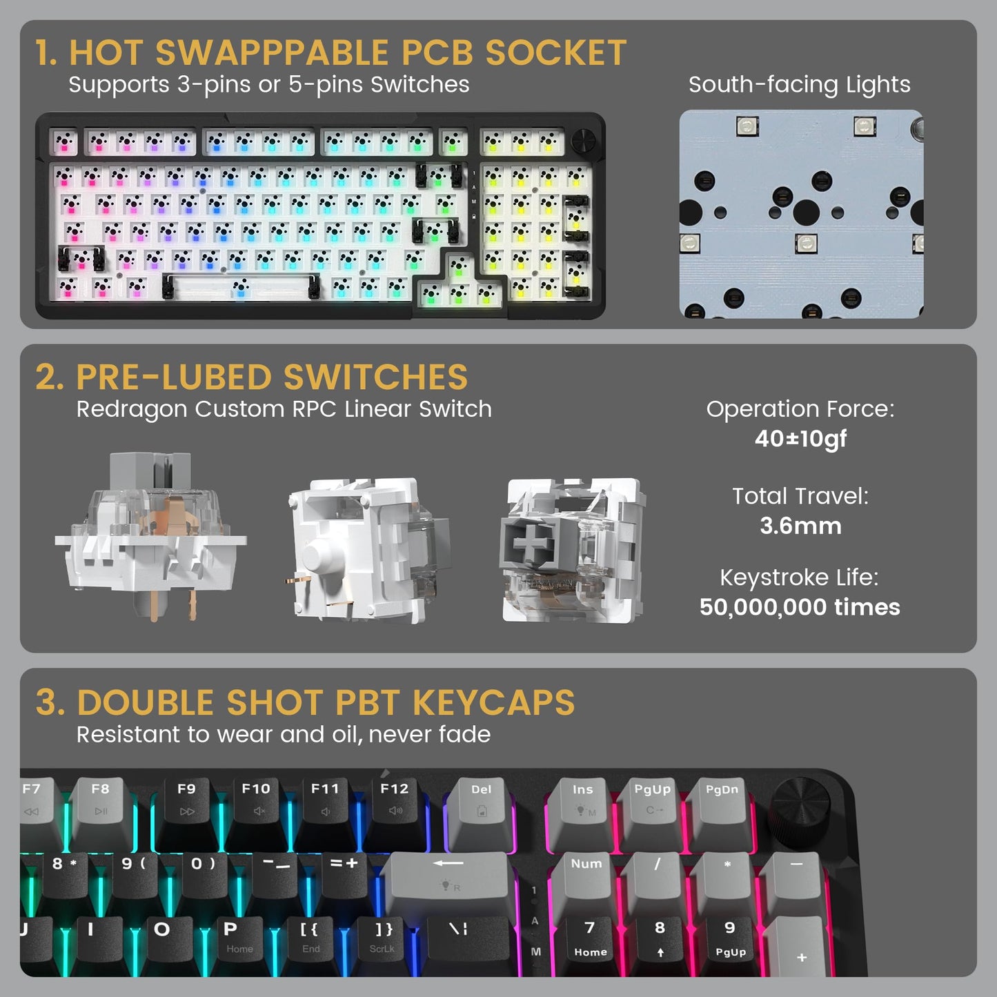 Redragon K742 Wireless Mechanical Gaming Keyboard with Knob, Bluetooth 5.0/2.4GHz/USB C Wired Creamy Keyboard with Number Pad for PC Computer, RGB Backlits, Hot-Swappable with Linear Switches (Black)