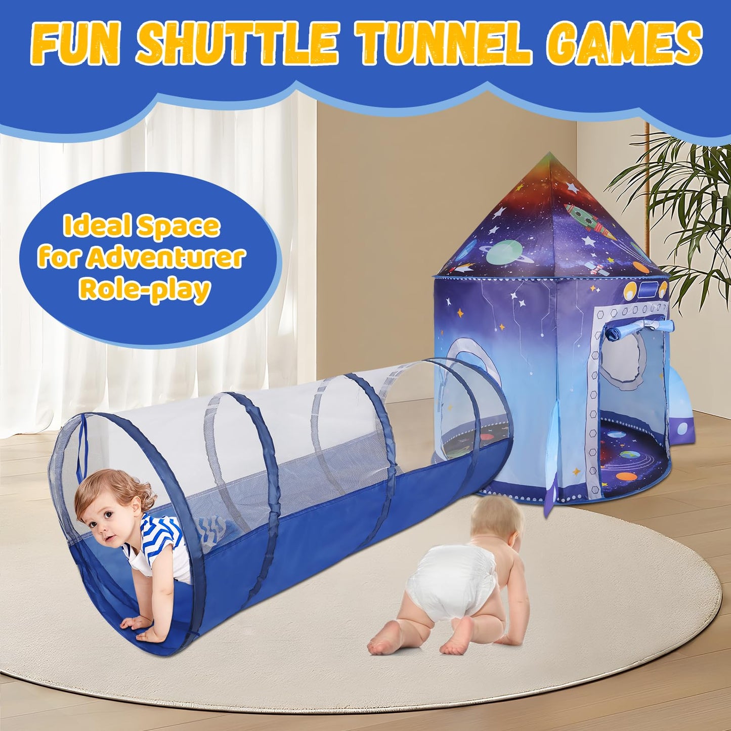 3 in 1 Rocket Ship Play Tent with Tunnel Ball Pit for Kids Space Themed Pop Up Playhouse Indoor Outdoor Astronaut Tent Set Toy Gift for Boys Girls Toddler Baby Child Games Birthday Party