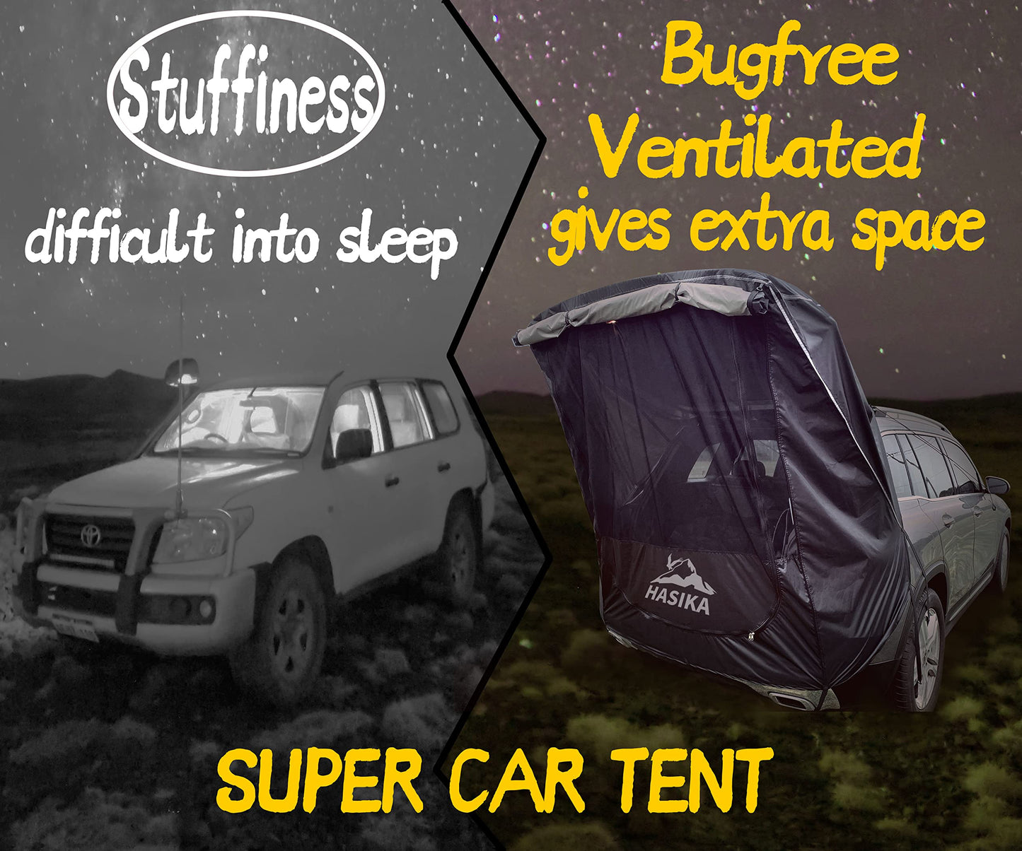 Hasika SUV Camping Tent Car Tailgate Shade Awning with Screen Net Waterproof 3000MM UPF 50+ Black (Large)