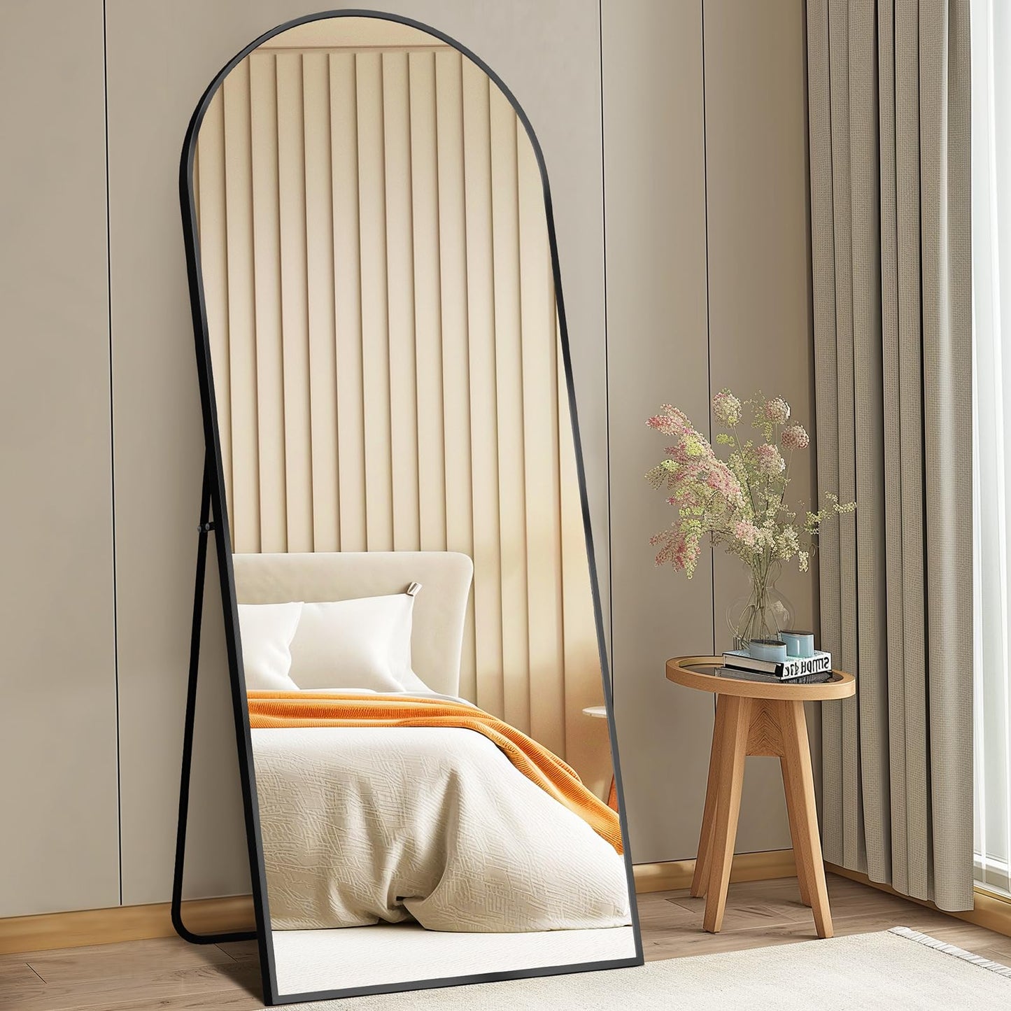 DUMOS 64"x21" Arched Full Length Mirror with Stand, Floor Body Mirror Shatter-proorf Nano Glass with Aluminum Frame, Free Standing or Hanging Leaning Modern Simple Home Decor, Black