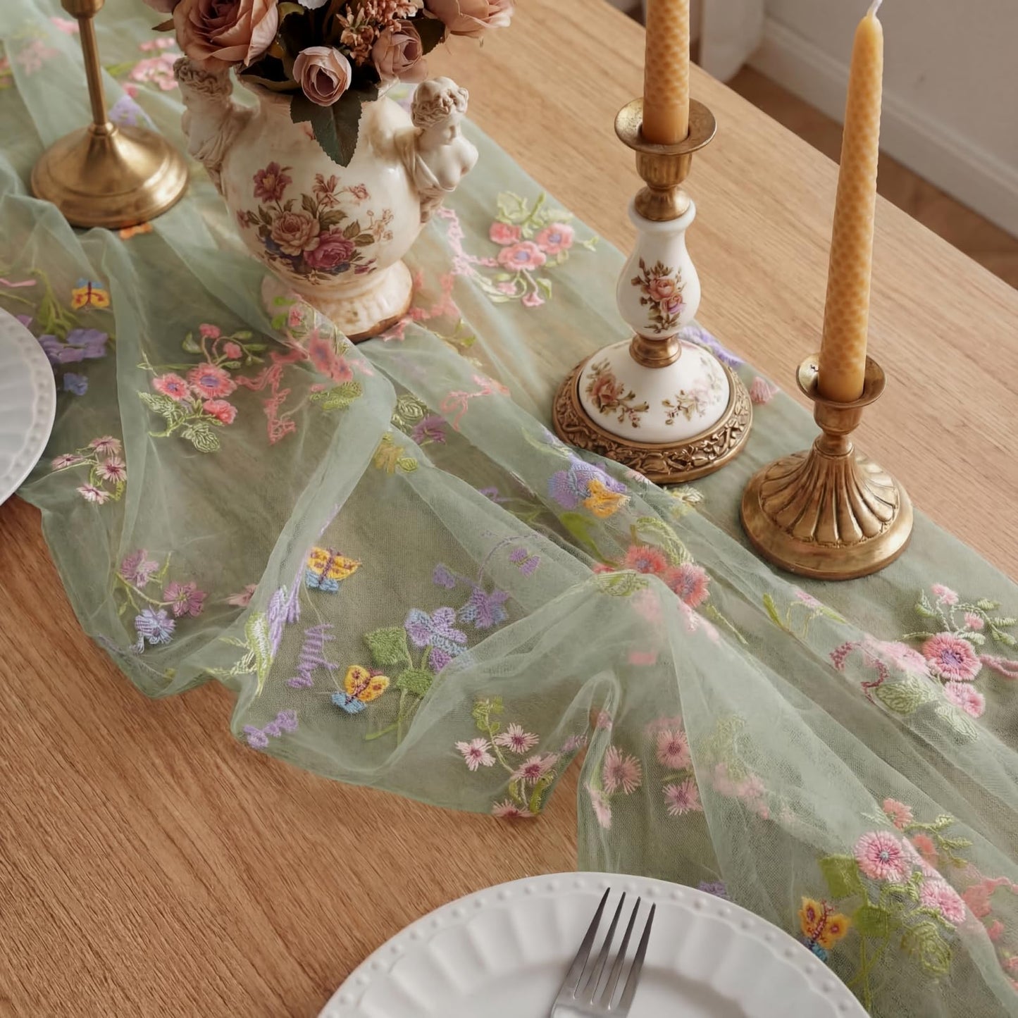Windkream Sage Green Floral Table Runner 10ft Embroidery Tulle Spring Wildflower Table Runner Seasonal Summer Butterfly Kitchen Dining Gauze Decoration for Wedding Baby Shower Birthday Party (3 Pcs)