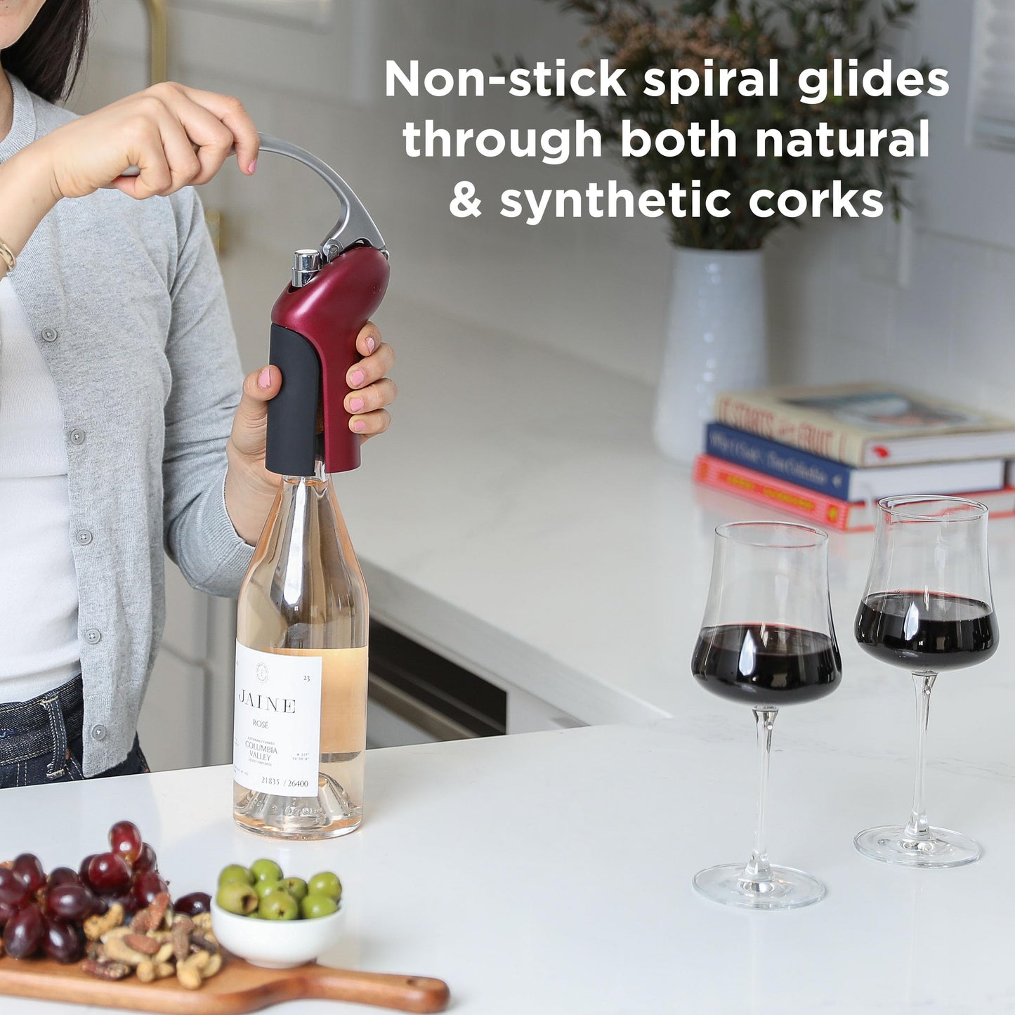 Rabbit Vertical Corkscrew Wine Opener with One-Pull Design, Foil Cutter Included, Easy to Use Manual Lever, Durable Stainless Steel Spiral, Merlot