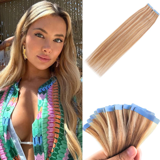 Blonde Tape in Hair Extensions Human Hair 24 Inch Long Invisible Remy Tape in Hair Extensions for Women