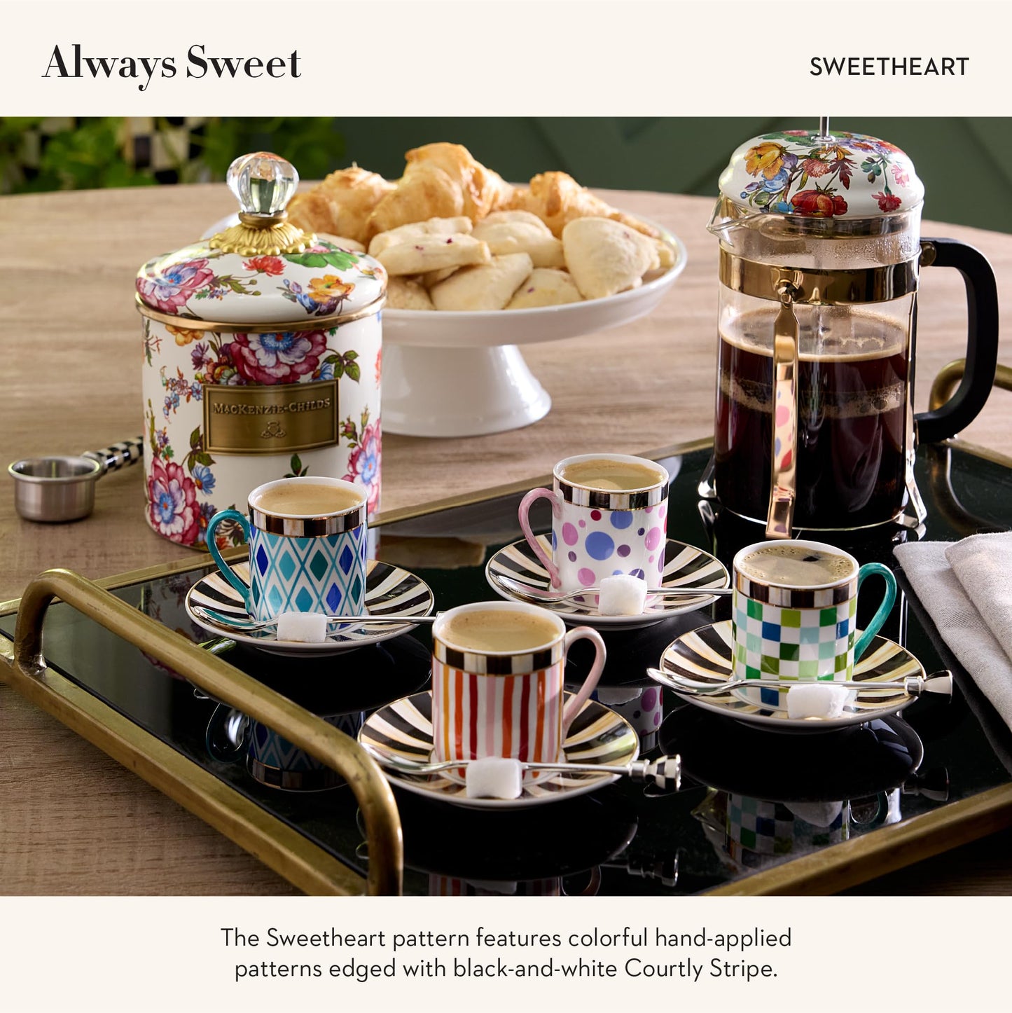 MACKENZIE-CHILDS Sweetheart Espresso Cup and Saucer Set, Cute Porcelain Espresso Cups and Saucers for Coffee, Set of 4