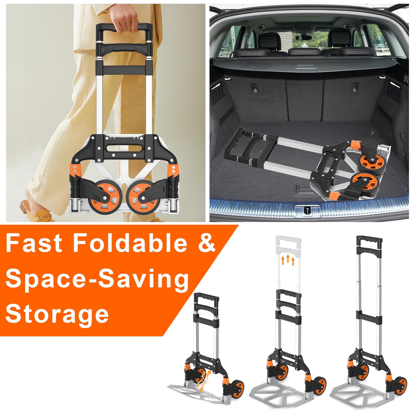 DIAMONDFORGE Folding Hand Truck, 180lbs Lightweight Foldable Dolly Cart with Wheels and Telescopic Handle, Portable Folding Dolly with Rubber Wheels for Moving Groceries, Home, Auto, Black Orange
