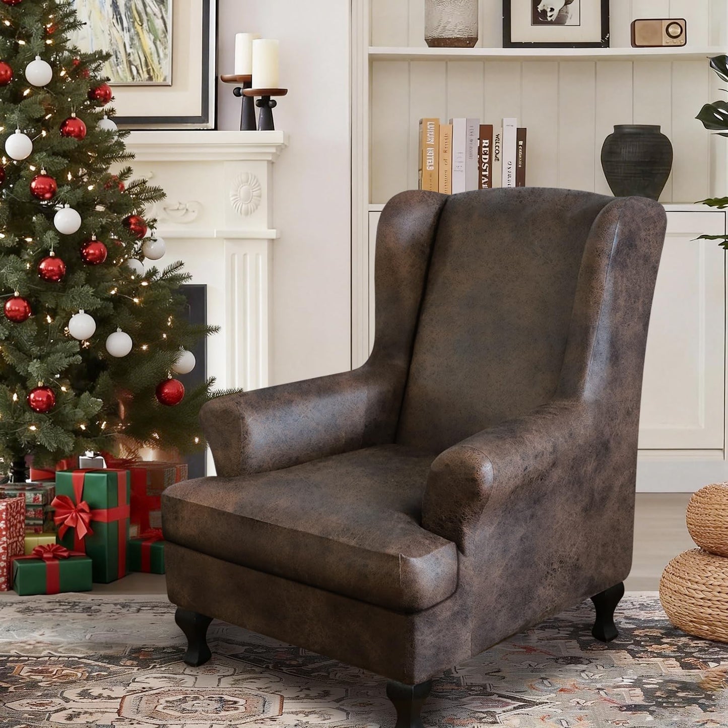 ANARACHON Leather Look Wingback Chair Covers, 2-Piece Wing Chair slipcover,Stretch Wing Back Armchair Slipcovers with Elastic Bottom, Soft Spandex FurnitureProtector for Living Room (Brown #2)