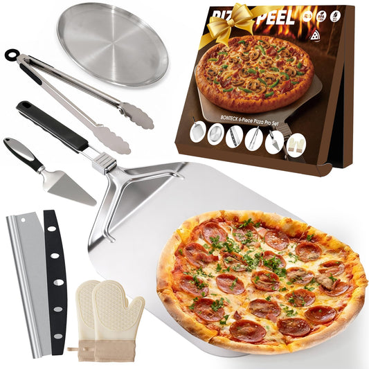 Bonteck Pizza Peel Aluminum Metal Pizza Spatula Kit | 12x14 Inch Foldable Handle Paddle | 6Pcs Pizza Oven Accessories with Rocker Cutter, Pizza Pan, Pizza Server, Oven Mitts, for Family Oven Baking