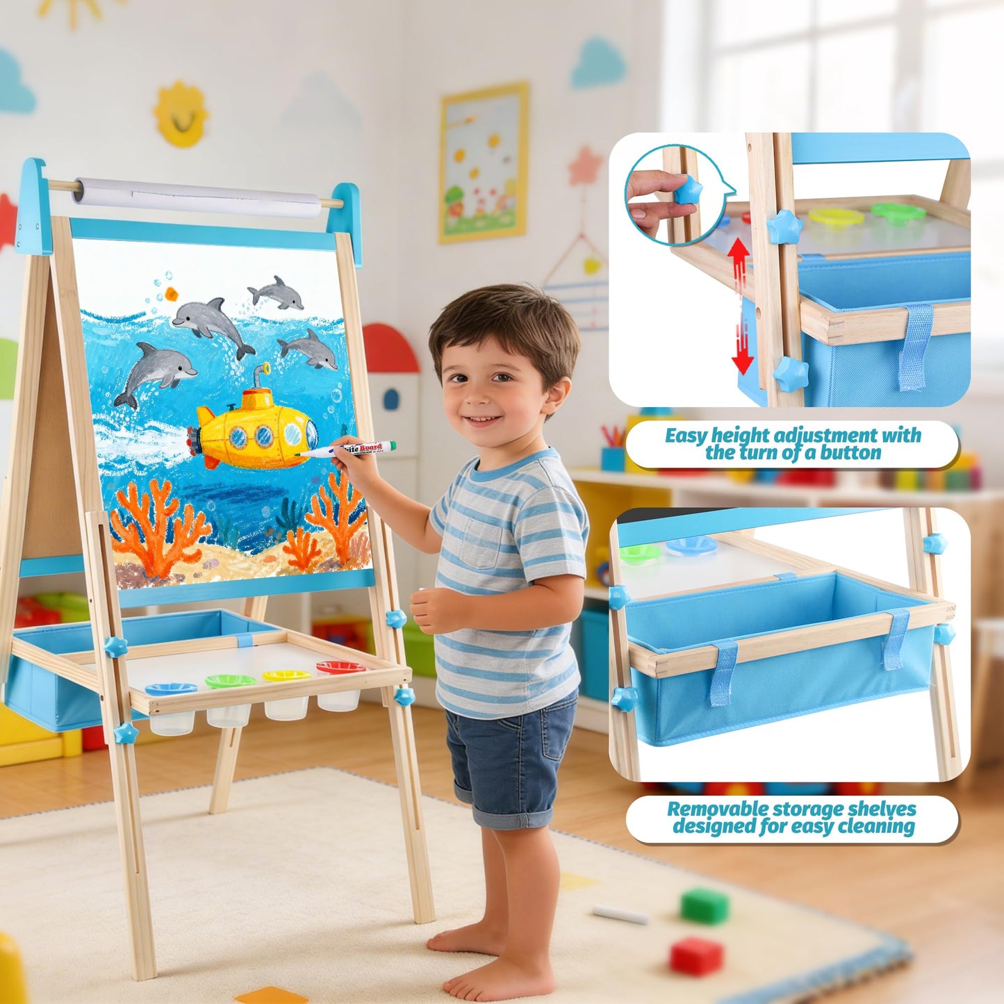 Wooden Easel for Kids, Adjustable Kids Art Easel, Learning Toy for Boys and Girls Ages 3-4 4-8 8-12, Wooden Blackboard & Magnetic Whiteboard and Drawing Paper Holder, 2 Drawing Paper Roll