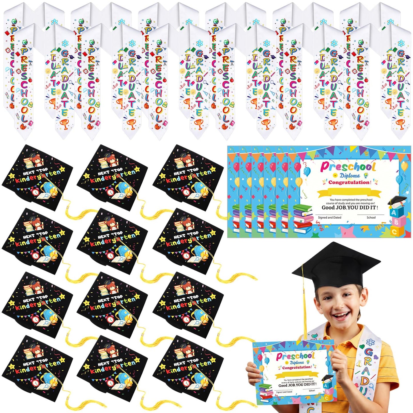 Knitgrip 36 Pcs Kindergarten Preschool Graduation Stole Caps and Diplomas Set Graduation Cap with Tassel Graduate Sash and Diploma Unisex for Kids Boys Girls (Preschool)