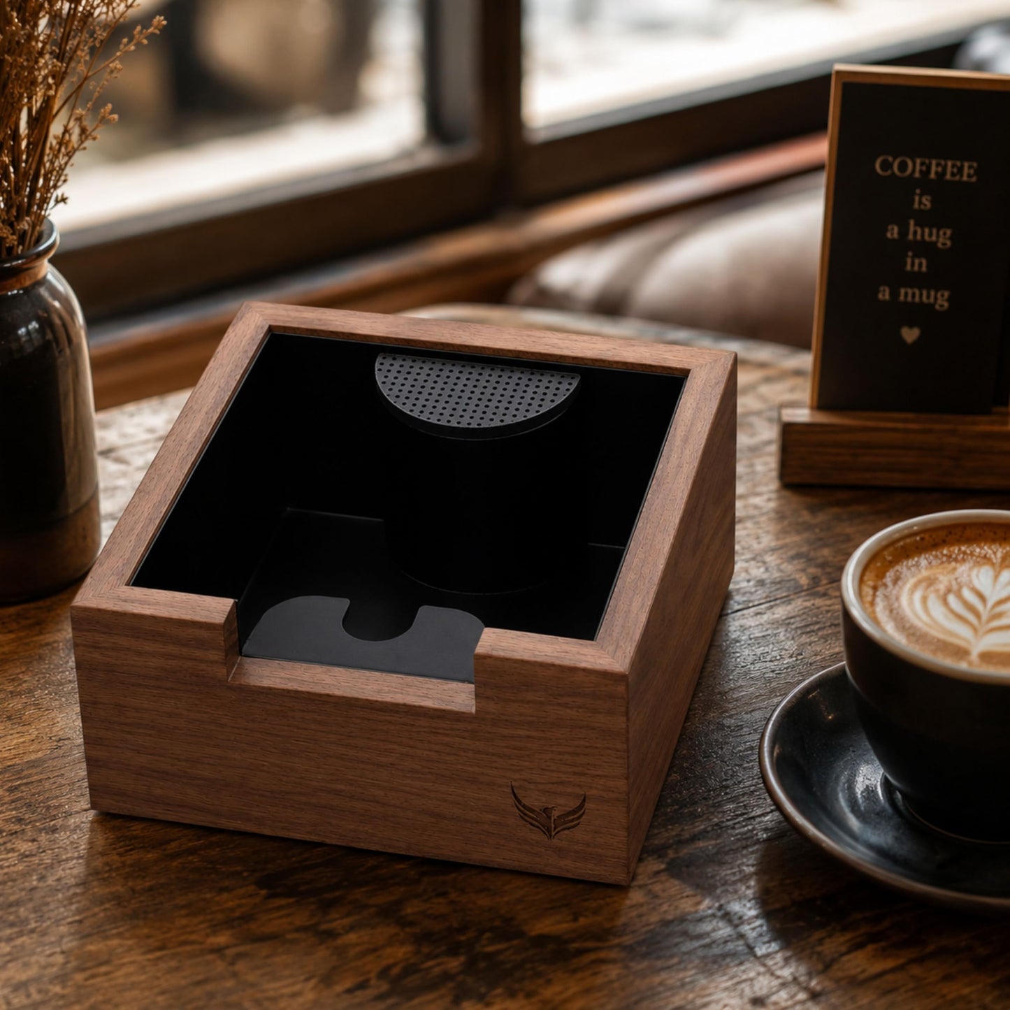 KNODOS Wooden Espresso Knock Box Walnut Dump Bin for Coffee Grounds Disposal Durable, Shock-Absorbent Espresso Machine Accessories, Easy to Clean Tamper Station