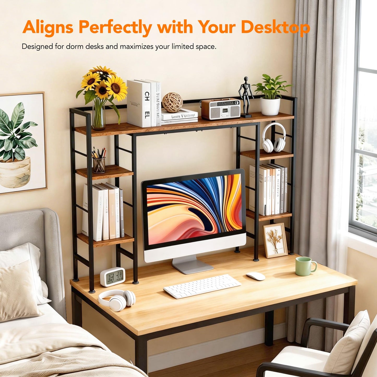 ZIFTY 39.4" Desktop Bookshelf Countertop Storage Hutch with 8 Shelves for Monitor up to 24", Large Desk Bookcase Organizer Display Shelf Rack for Computer Desk, Home Office Dorm Home Anti-tip Device