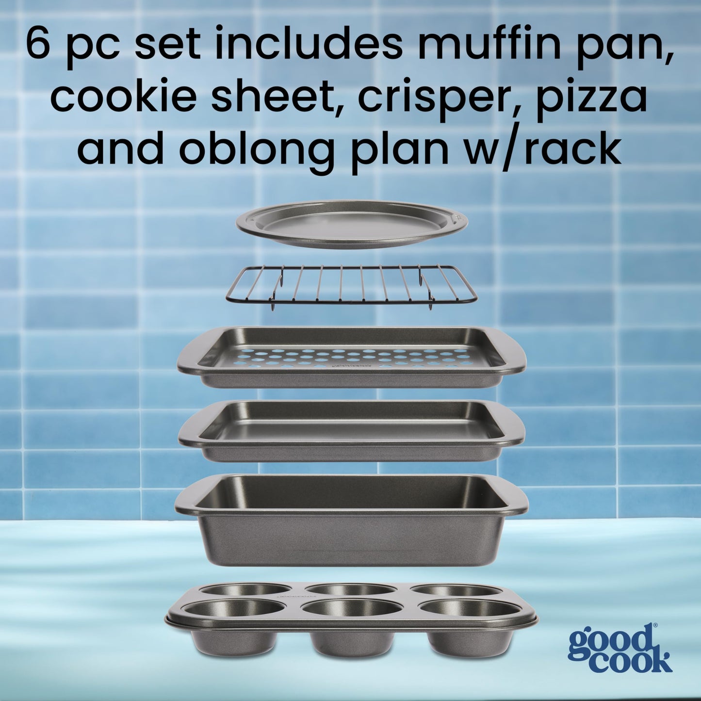 GoodCook Everyday Nonstick Toaster Oven 6-Piece Steel Bakeware Set, Gray
