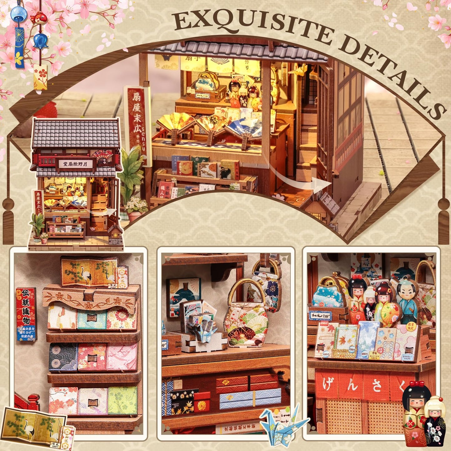 CUTEBEE Book Nook Kit - DIY Miniature House Japanese Fan Shop Dollhouse Kit for Adults and Teens, Booknook Tiny House Bookshelf Decor 3D Wooden Puzzle, Gifts for Family, Friends (Tsukino Eogi-dou)