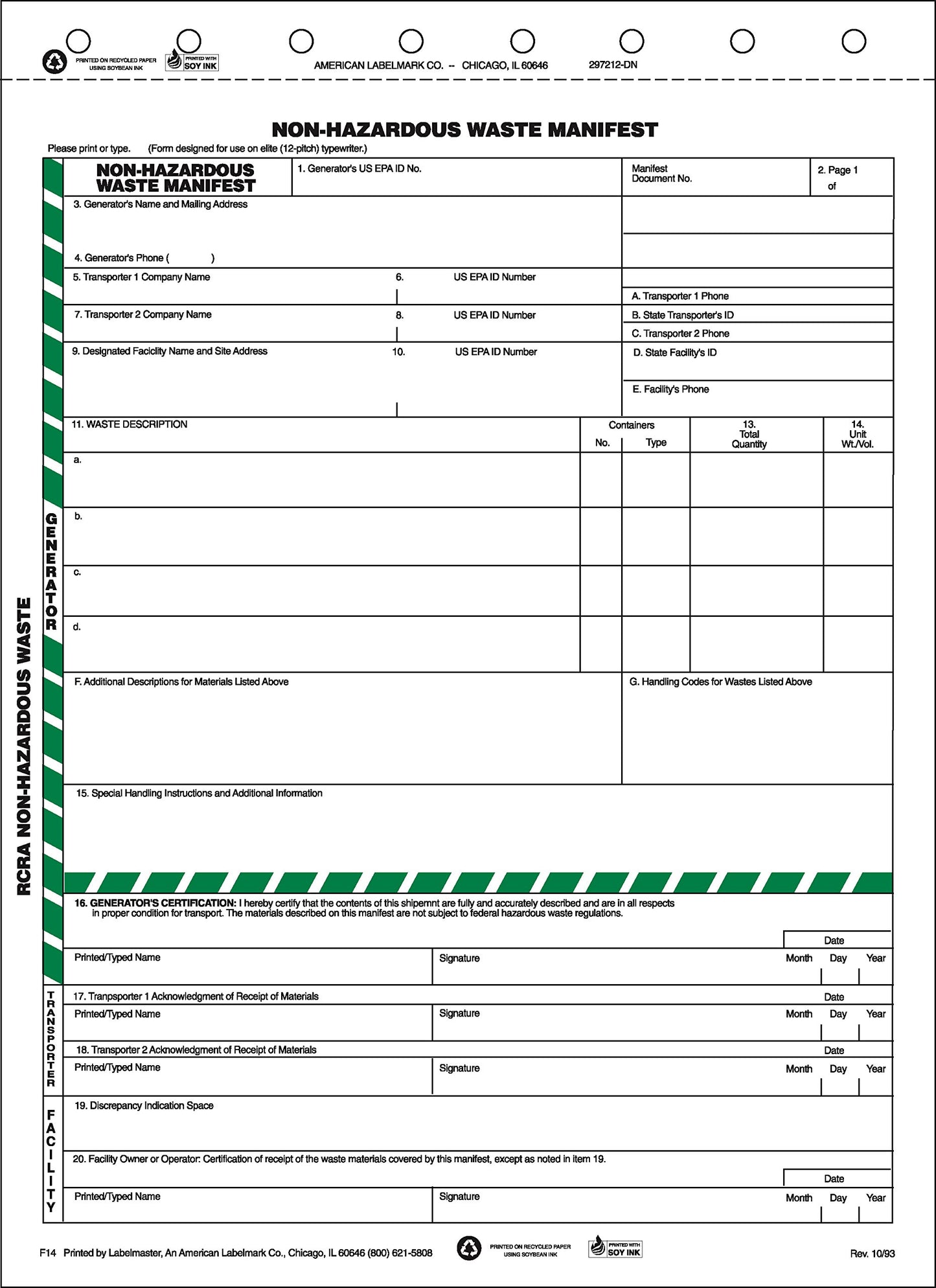 Labelmaster F14 Non-Hazardous Waste Manifest Form, Snap-Out, 6-Part (Pack of 100)