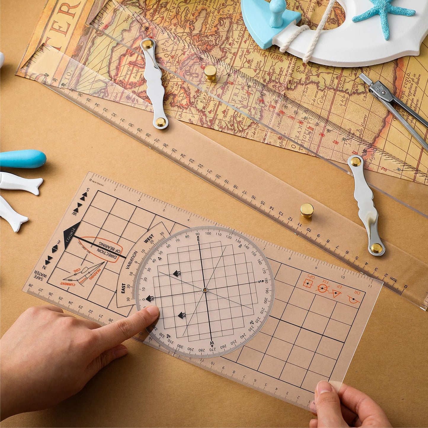 Motipuns 3 Pcs Basic Navigation Set, Include 16 Inch Marine Parallel Ruler with Clear Scales Navigation Divider Marine Nautical Protractor 6 Inch Marine Fixed Points Divider for Boat