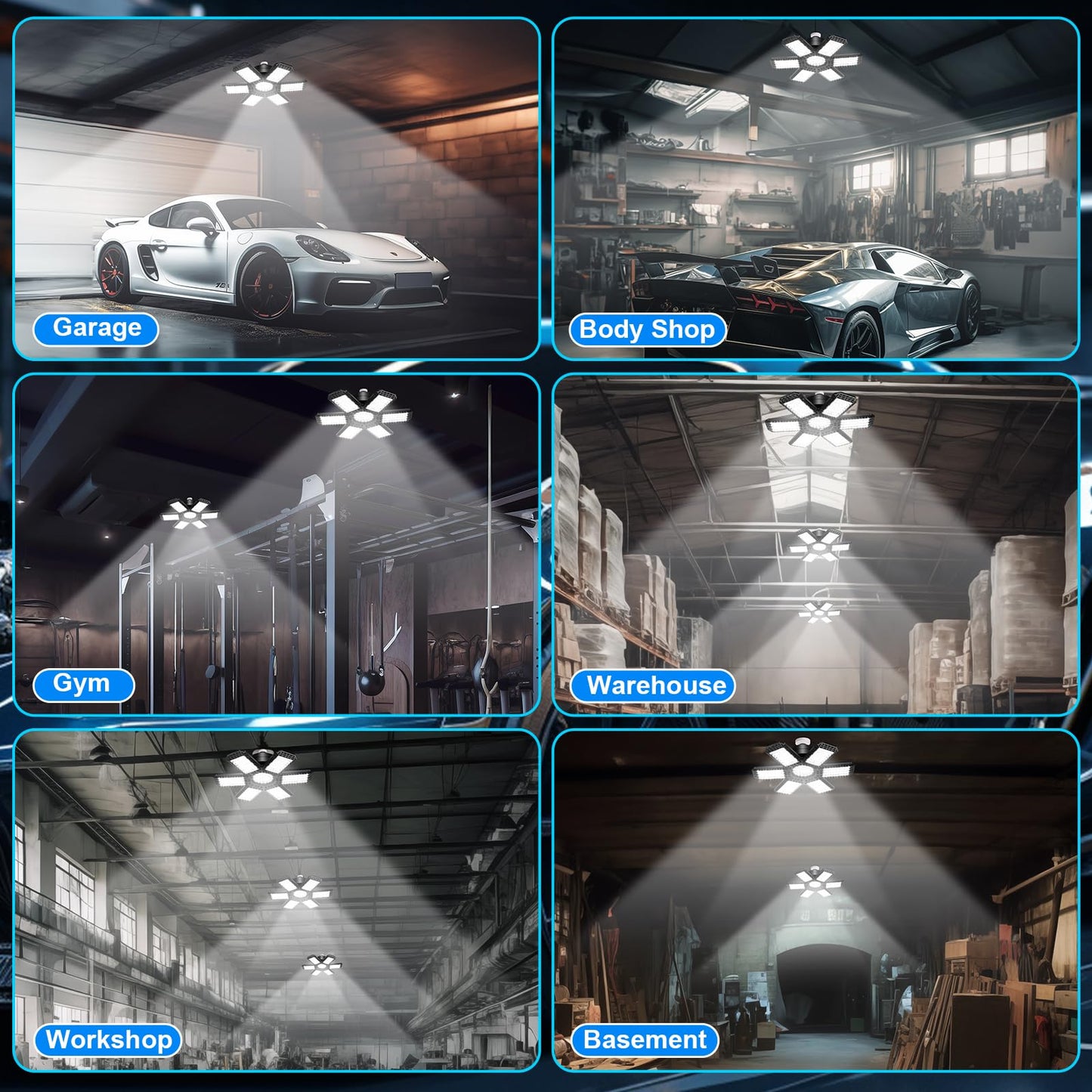 XILLUMI CORE 6 Pack Garage Light, 200W 20000LM 6500K LED Shop Lights, LED Garage Ceiling Lights with 6+1 Adjustable Panels for Basement, Barn, Warehouse, Attic Lighting Support E26/E27 Socket