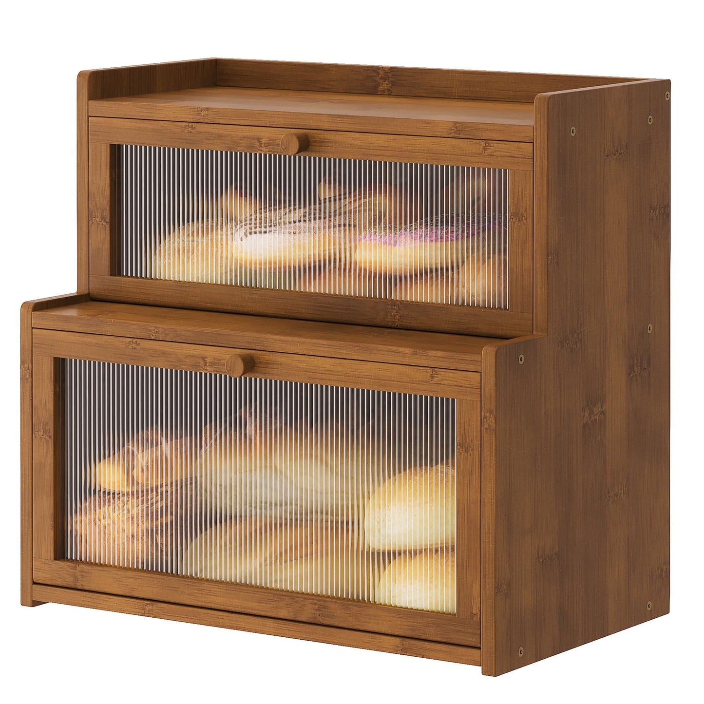 Furshus Double Layer Bamboo Bread Box for Kitchen Counter,Bread Holder,Countertop Bread Storage with Window (Brown)