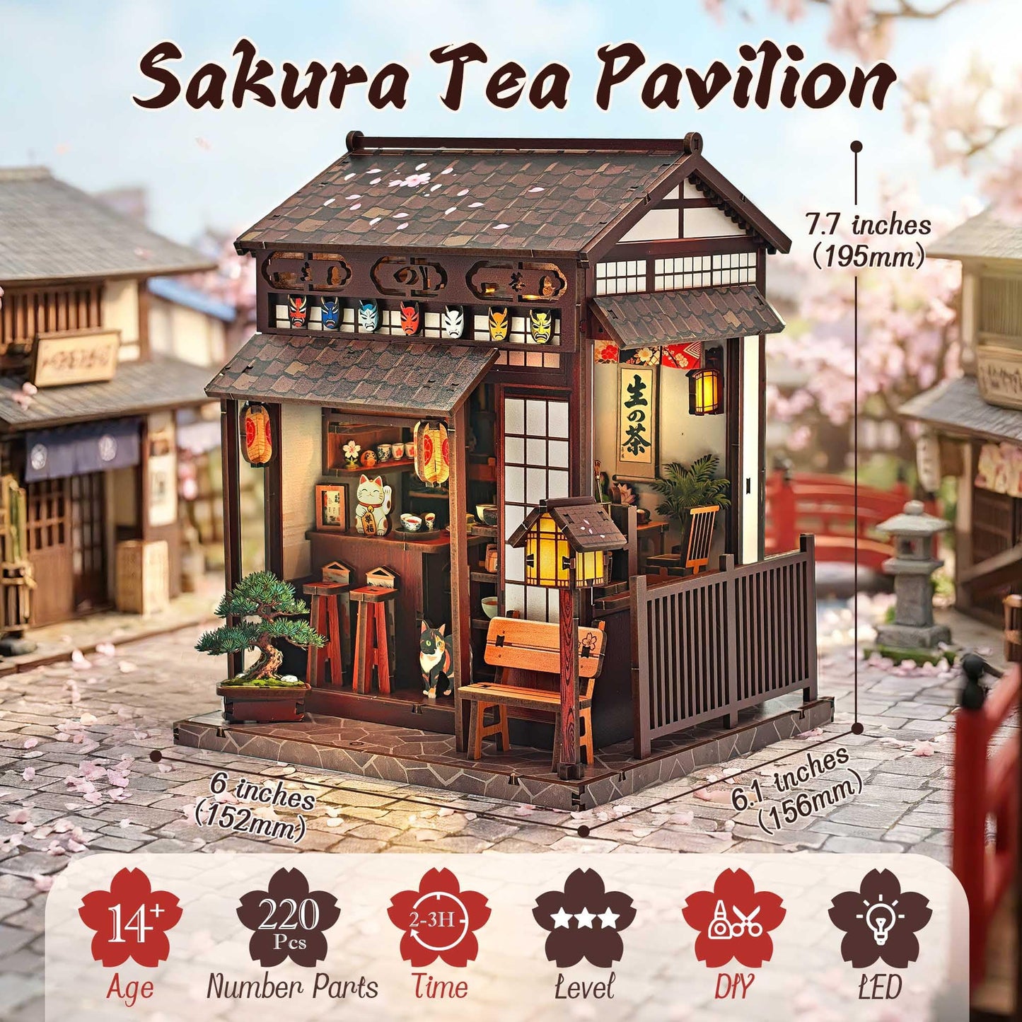 Lynnuo DIY Book Nook Kit, Sakura Tea Pavilion 3D Wooden Puzzle with LED Light, Japanese Miniature House Kit for Adults & Beginners, Bookshelf Insert Decor Creative Gifts (220 PCS, 3-Hour Build)